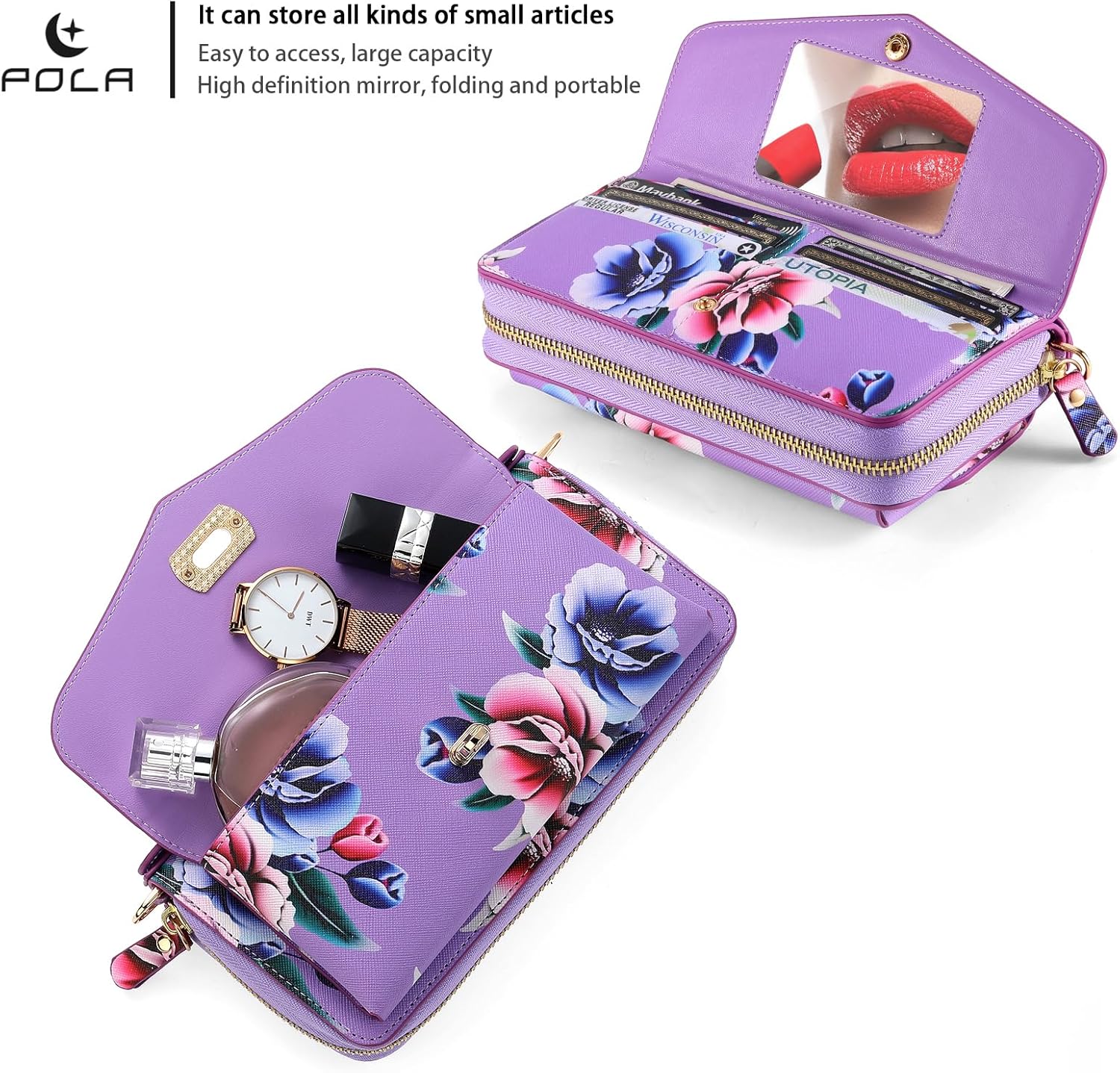 Wallet Case for Samsung Galaxy S22 Plus S22+ 5G Detachable Crossbody Shoulder Strap Floral PU Leather Wristlet Mirror Flip Zipper Purse Phone Cover for S22+5G S22plus 22S+ S 22 22+ Girls Purple