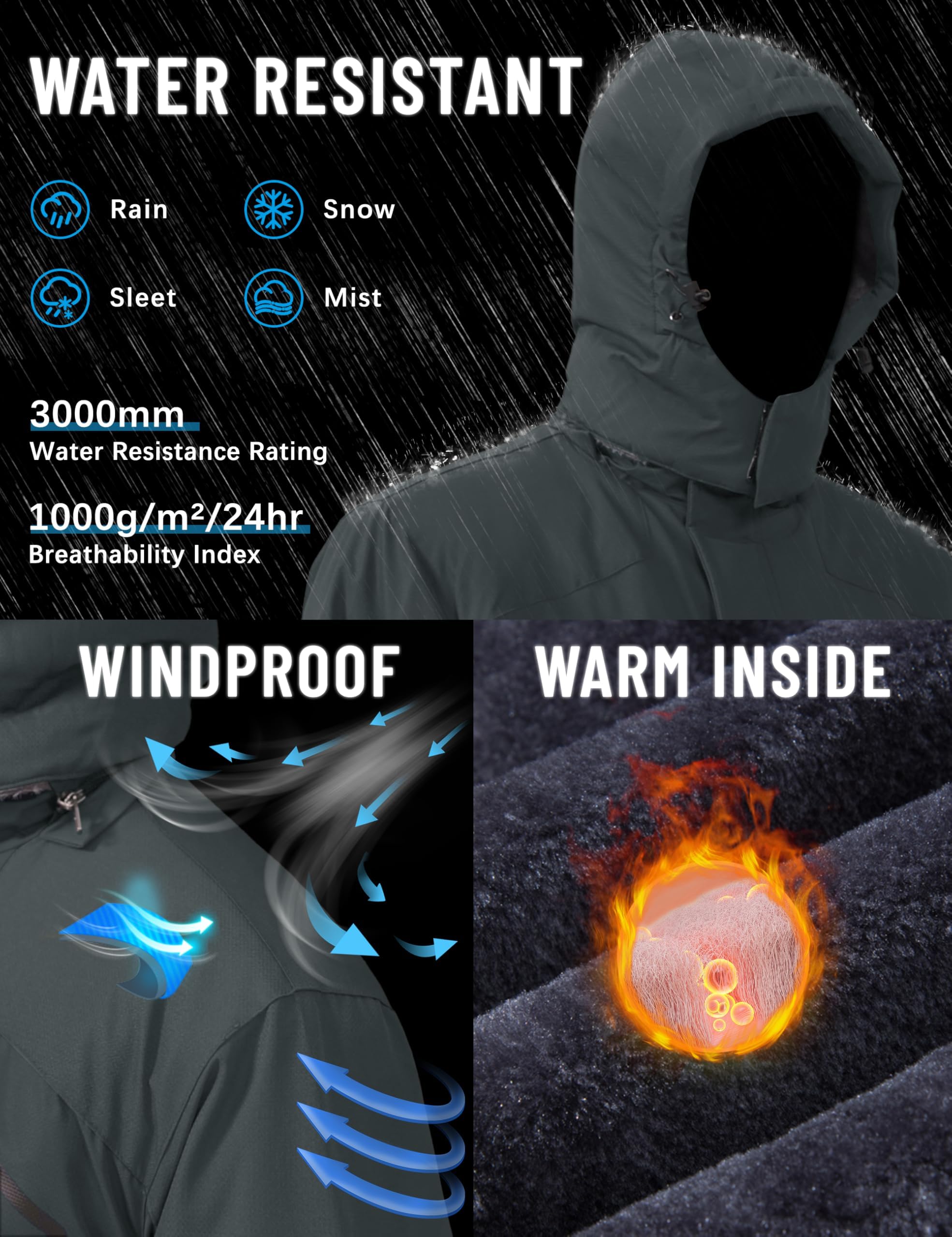 TACVASEN Impermeable Chaqueta de montaña vellón Hombres Esquí Caliente Multi-Bolsillos