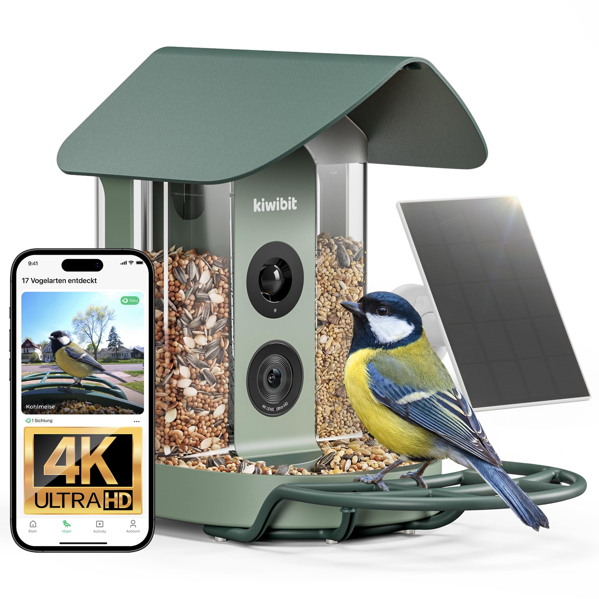 Kiwibit Smart 4K AI Bird Feeder Camera, Solar Powered