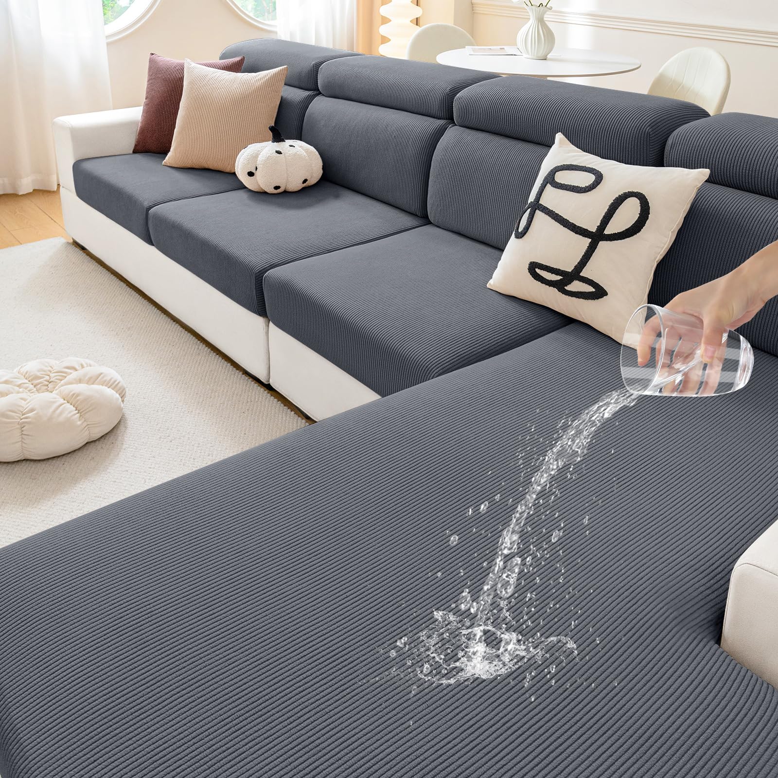 hyha Waterproof Couch Cushion Covers, Against Spills, Couch Cover for Dogs Washable, Thick Elastic Jacquard Fabric, Waterproof Sofa Seat Slipovers for Pets (3 Pieces, Dark Grey)