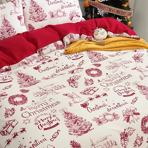 Miniatura 3 de Yiran Juego de funda de edredón de Navidad tamaño King, árbol de Navidad, muñeco de nieve, aldea, funda de edredón de microfibra suave, 2 fundas de