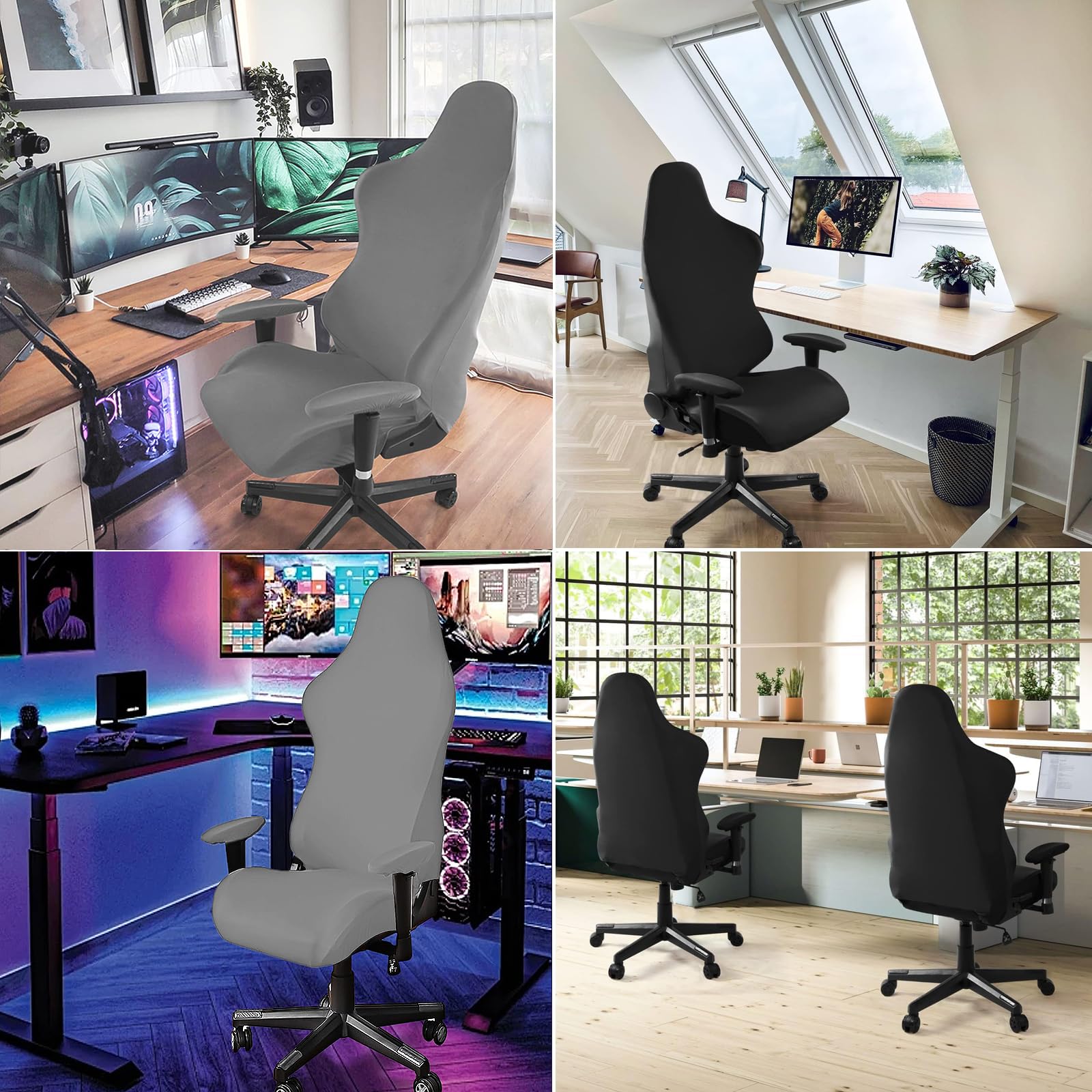 Housse Chaise Gaming 4 Pièces Noir – Protection Extensible Antidérapante Pour Fauteuil Bureau Gamer, Dossier + Siège + Accoudoirs