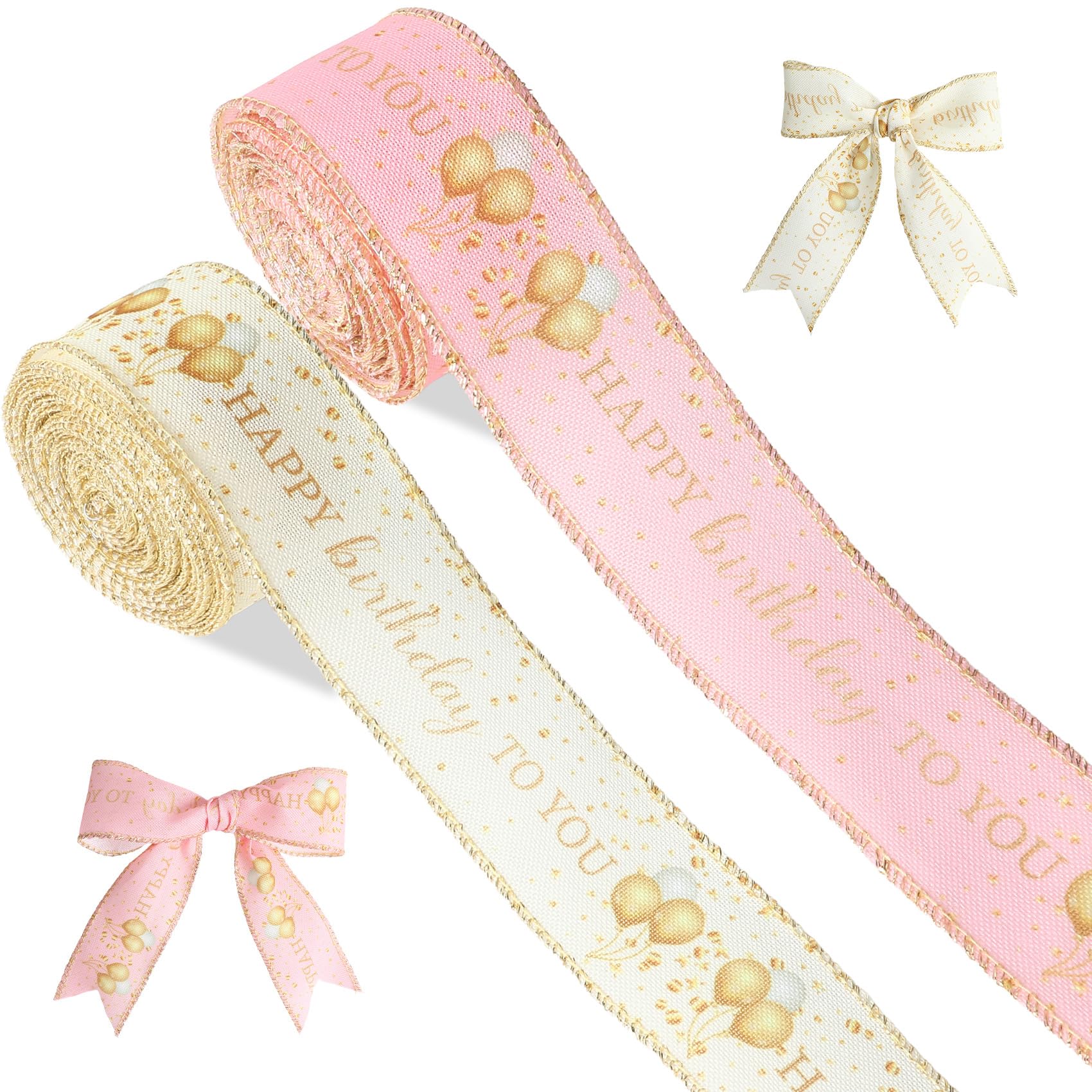 Pink and White Happy Birthday Ribbon 1.5 Inch 10 Yards Cake Ribbon 2 Rolls Pink and White Wired Ribbons for Birthday Gift Wrapping DIY Crafts Wreath Bouquet Bows Cake Box Decor Party Supplies