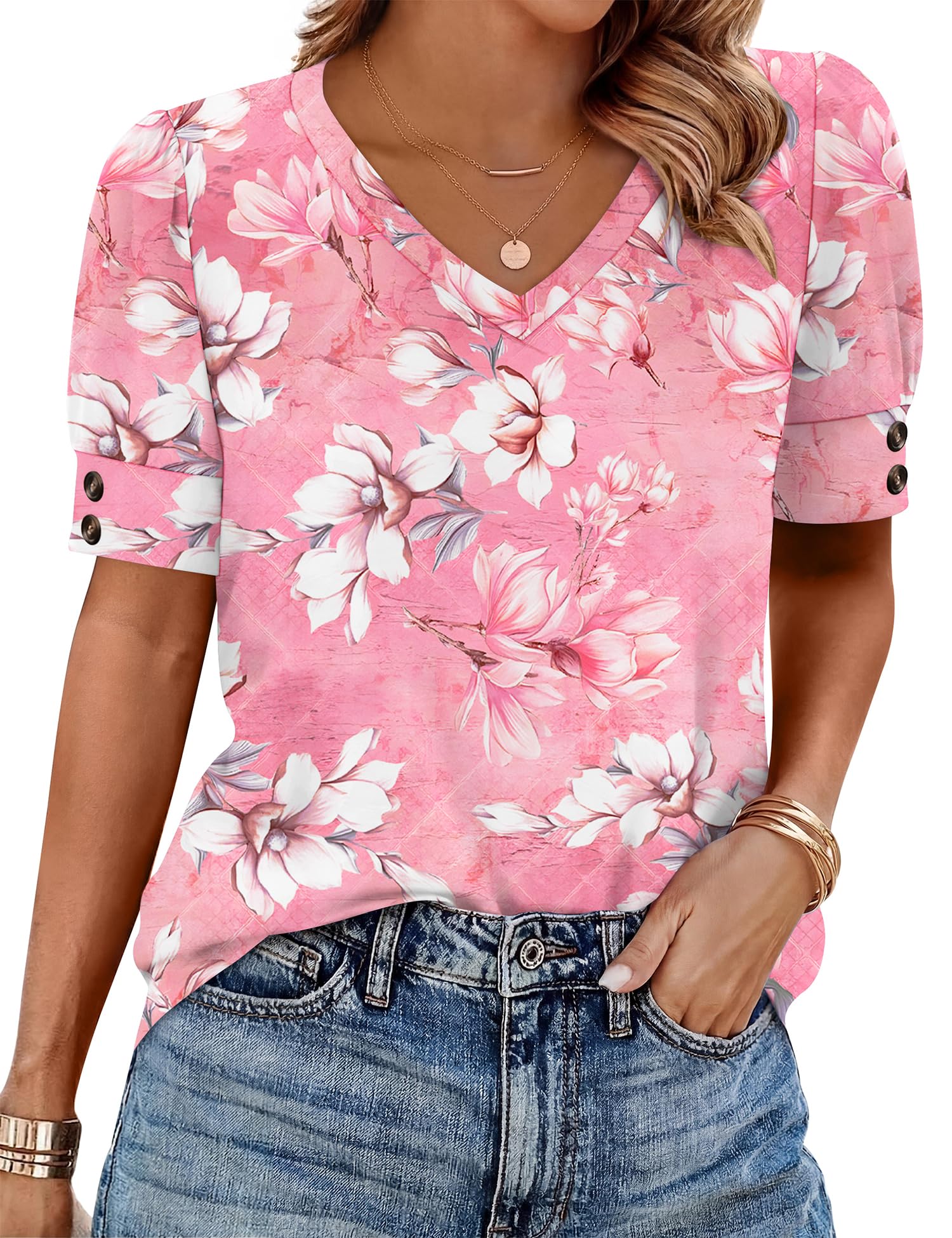 Rapbin Bluse Damen V-Ausschnitt Kurzarm Top Tunika Locker Sommer Elegant Casual Oberteile Ärmel mit Knöpfen