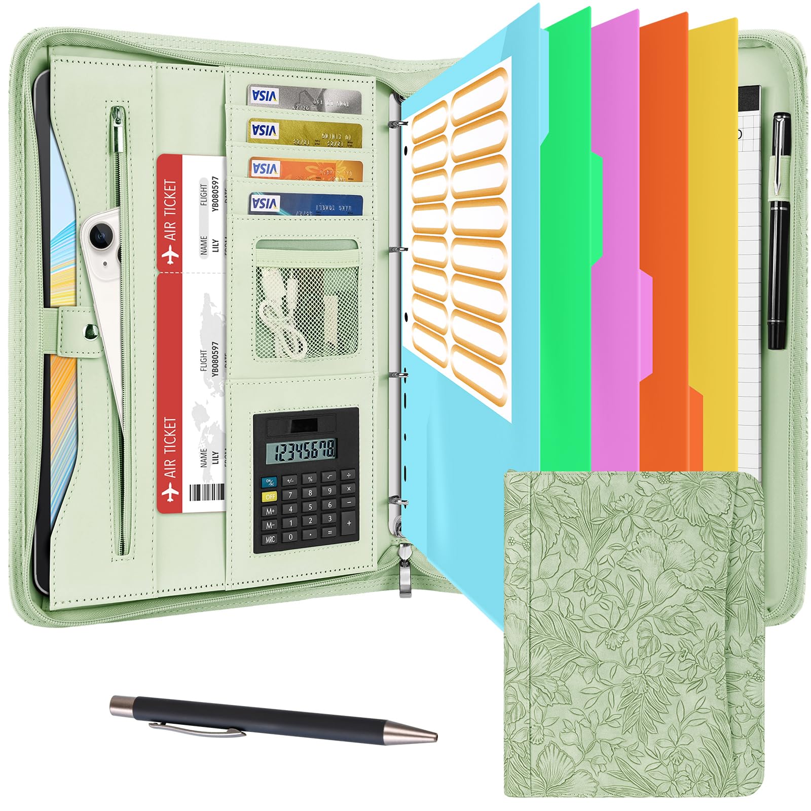 Leathario Portfolio Folder A4, Vegan Leather Conference Folder, 4-Ring Travel Document Holder with 5 5-Part File Dividers, Multi-Pocket Document Folder Organiser, Office Supplies — image 1