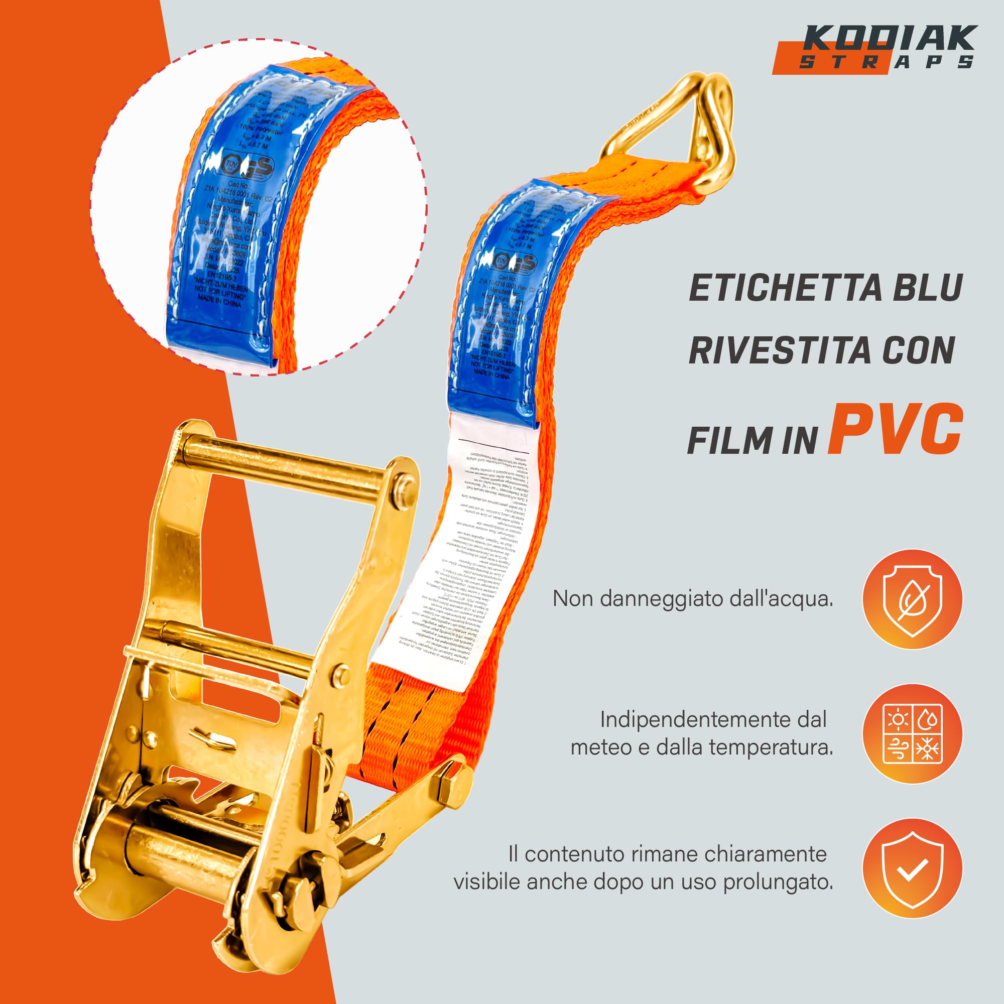 10 Cinghie di Tensione 6m x 2000kg con Cricchetto e Ganci - Cinghie a Cricchetto da 35mm - Cinghia Arancione per la Sicurezza del Carico - Certificato TÜV/GS e secondo DIN EN 12195-2 - KODIAK STRAPS