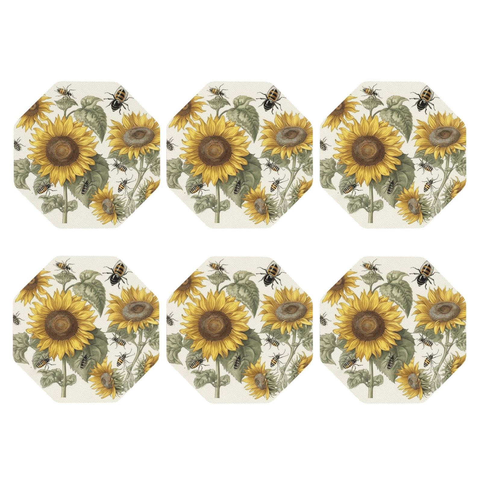6pcs Leather Coasters for Drinks, Sunflowers and Insects Drink Coasters for Tabletop Protection, 4" Cup Coasters for Coffee Table Decor, Non-Slip Drinking Cup Mat for Hot Or Cold Drink