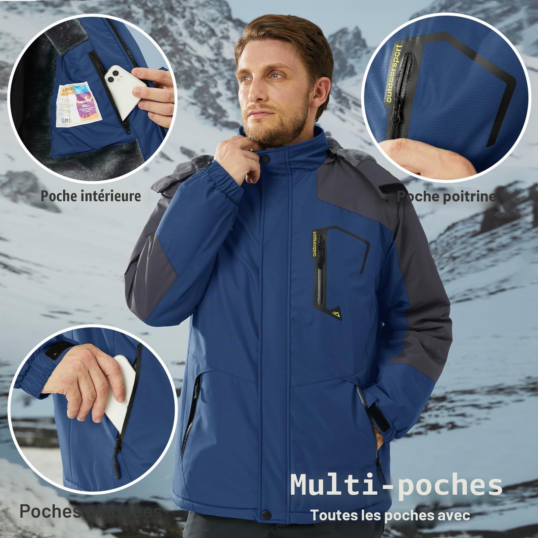 KEFITEVD Vestes polaires imperméables pour hommes Hiver Chaud Ski Imperméables Manteaux de randonnée en plein air avec capuche amovible