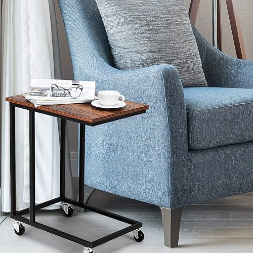 Miniatura 2 de Giantex Juego de 2 mesas auxiliares en forma de C, mesa auxiliar de sofá móvil con ruedas, mesa industrial para aperitivos con marco de metal, mesas
