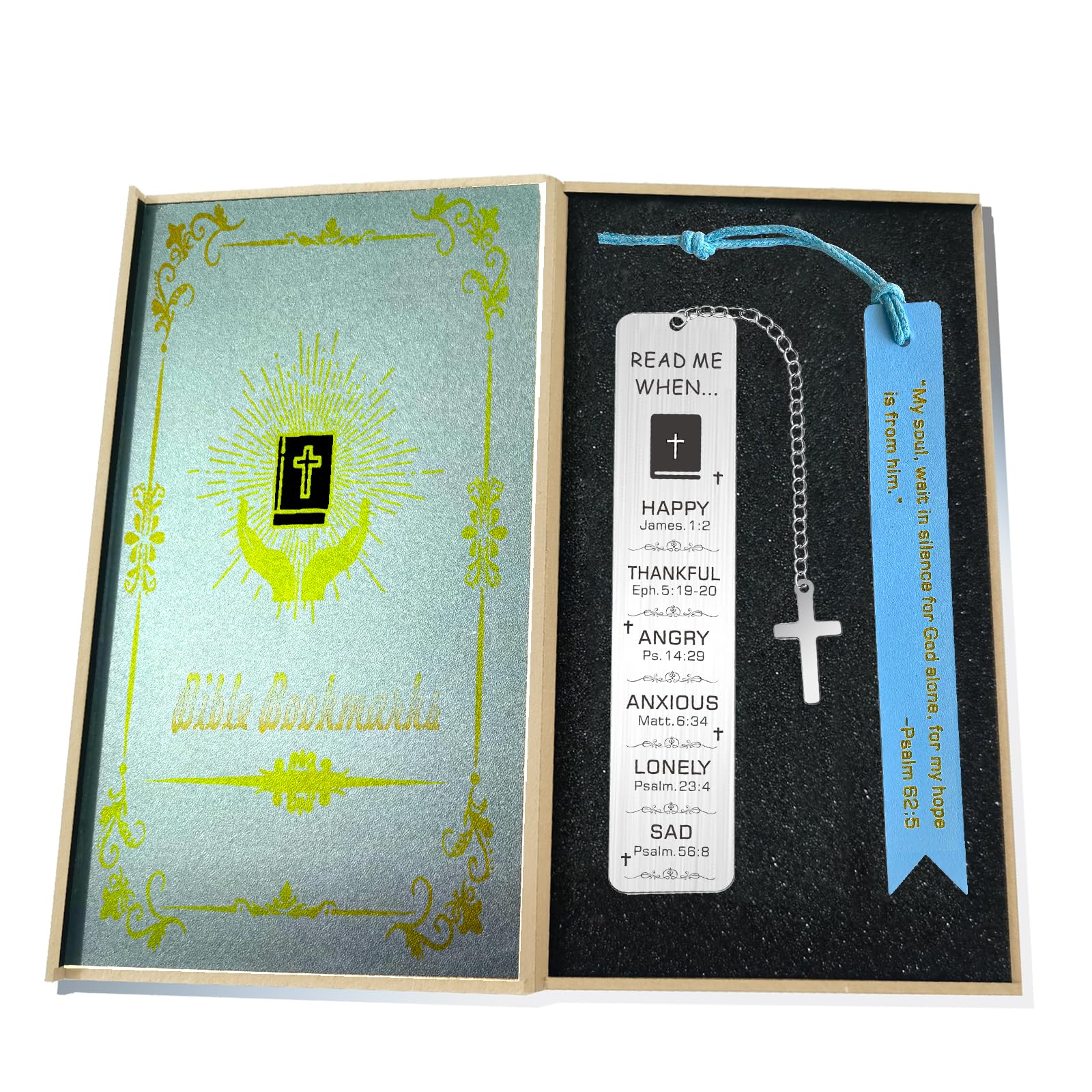 Men's Bible Bookmarks Gift Set – Black Wood Box, Blue Genuine Leather & Silver Metal, Engraved Verses & Mood Guide, Permanently Etched, for Elder, Teacher, Colleague, Brother