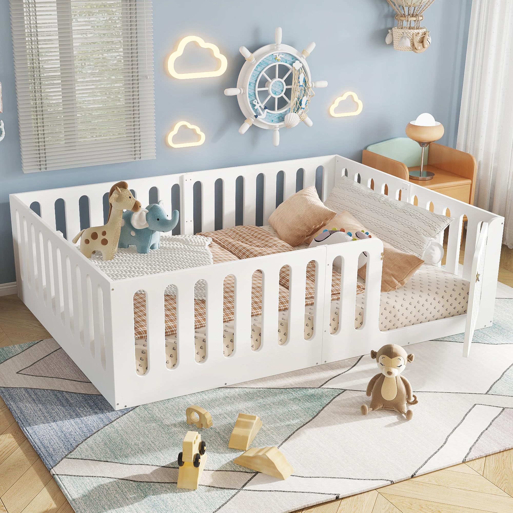 Photo 1 of Bellemave Queen Size Kids Montessori Floor Bed,Queen Size Floor Bed Frame with High Fence and Door,Solid Wood Montessori Bed for Girls Boys,White