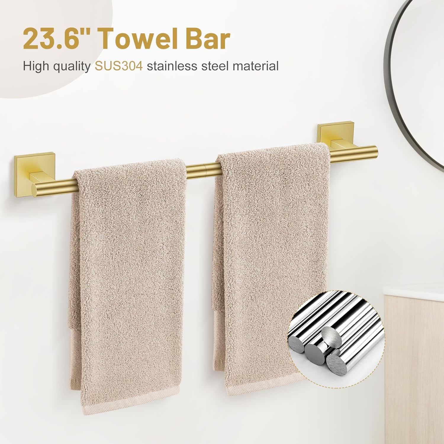 Lairuier 5 Pieces Bathroom Hardware Set Brushed Gold Towel Bar Set Includes 23.6” Towel Bar, Towel Ring Holder, Toilet Paper Holder and Two Towel Hooks, Bathroom Accessories Set SUS304 Wall Mounted