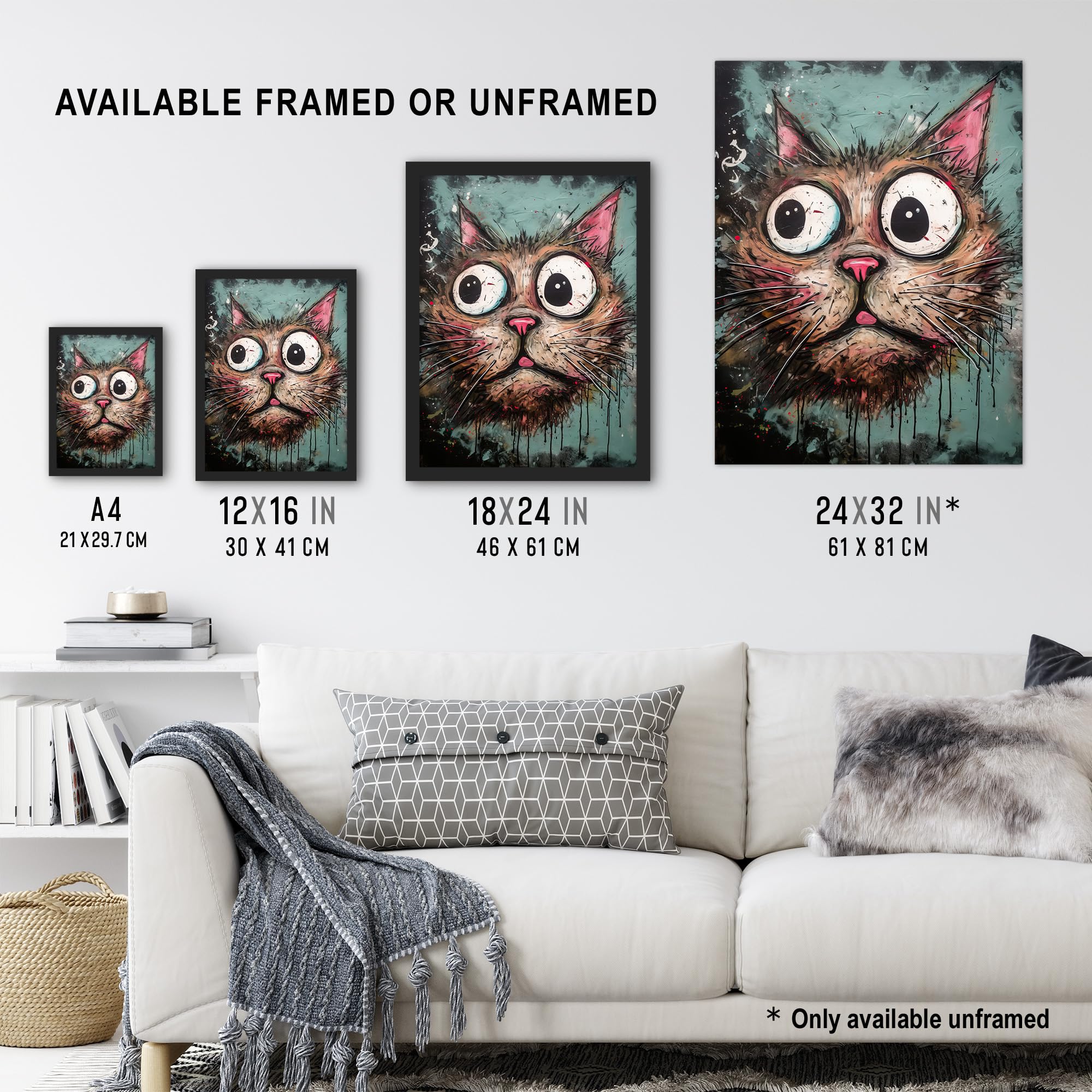 Artery8 Graffiti Street Art Bug Eyed Cat Artwork By Tom Jones Extra Large XL Wall Art Poster Print, Unframed 24X32", 81L x 61W cm - Image 3