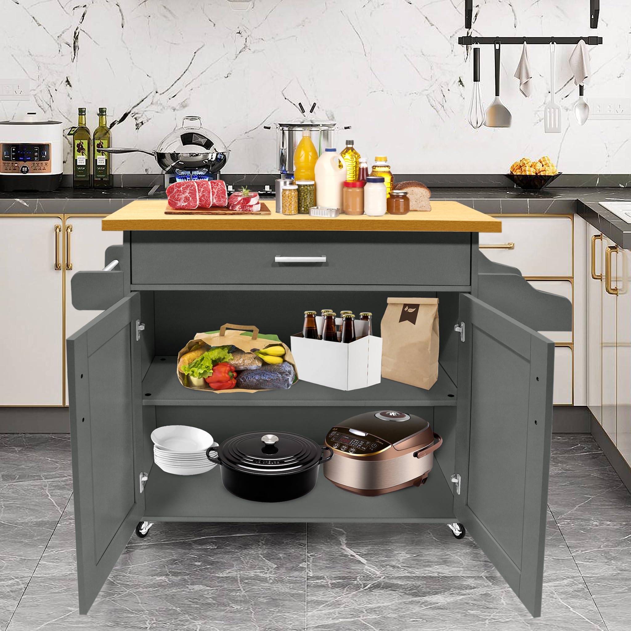 LZQ Küchenwagen Küchenschrank mit Arbeitsplatte Bewegliche Kücheninsel Küchen Wagen Rollbar, Rollwagen küche, servierwagen 115x36x90cm Grau