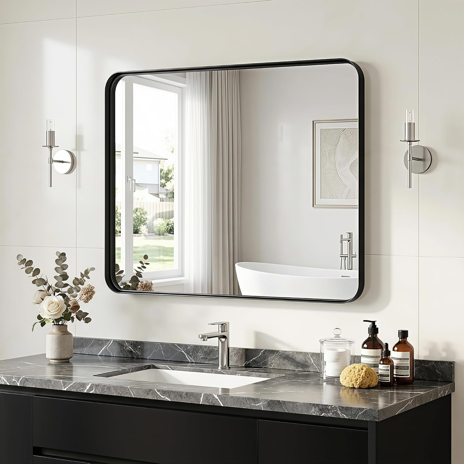 Suidia Bathroom Mirror, 30" x 22" Wall Mirror Metal Framed, Bathroom Vanity Mirror for Living Room Bedroom Bathroom Entryway, Black, Rounded Corner Style