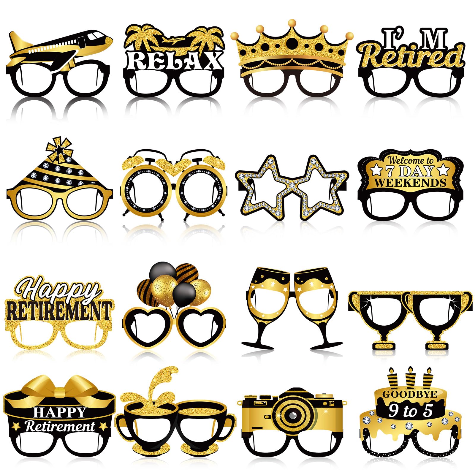 32 Pack Retirement Party Paper Glasses, 16 Black Gold Designs Novelty Eyeglasses, Happy Retirement Decoration Photo Booth Prop, Farewell Party Supplies for Coworker Goodbye 9 to 5 Celebration