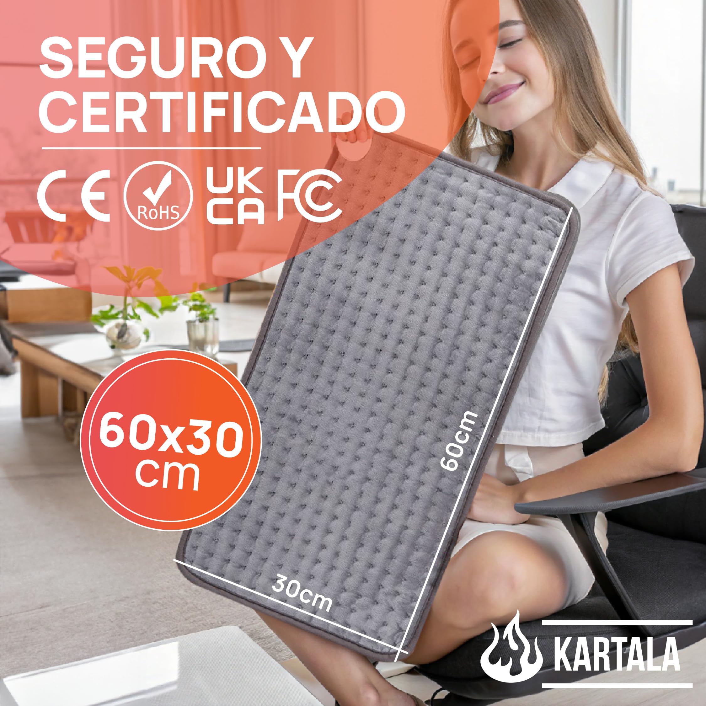 Super Pack Manta Térmica Lumbar Kartala 30×60 cm con Bolsa | Manta Eléctrica para Cuello, Espalda y Zona Lumbar | 9 Temperaturas, 4 Temporizadores | Lavable y Portátil