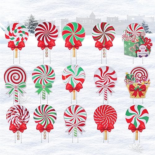 Miniatura 1 de 15 carteles de Navidad para patio al aire libre, decoraciones de caramelos, piruletas de menta con estacas y lazo, decoraciones de patio de Navidad,