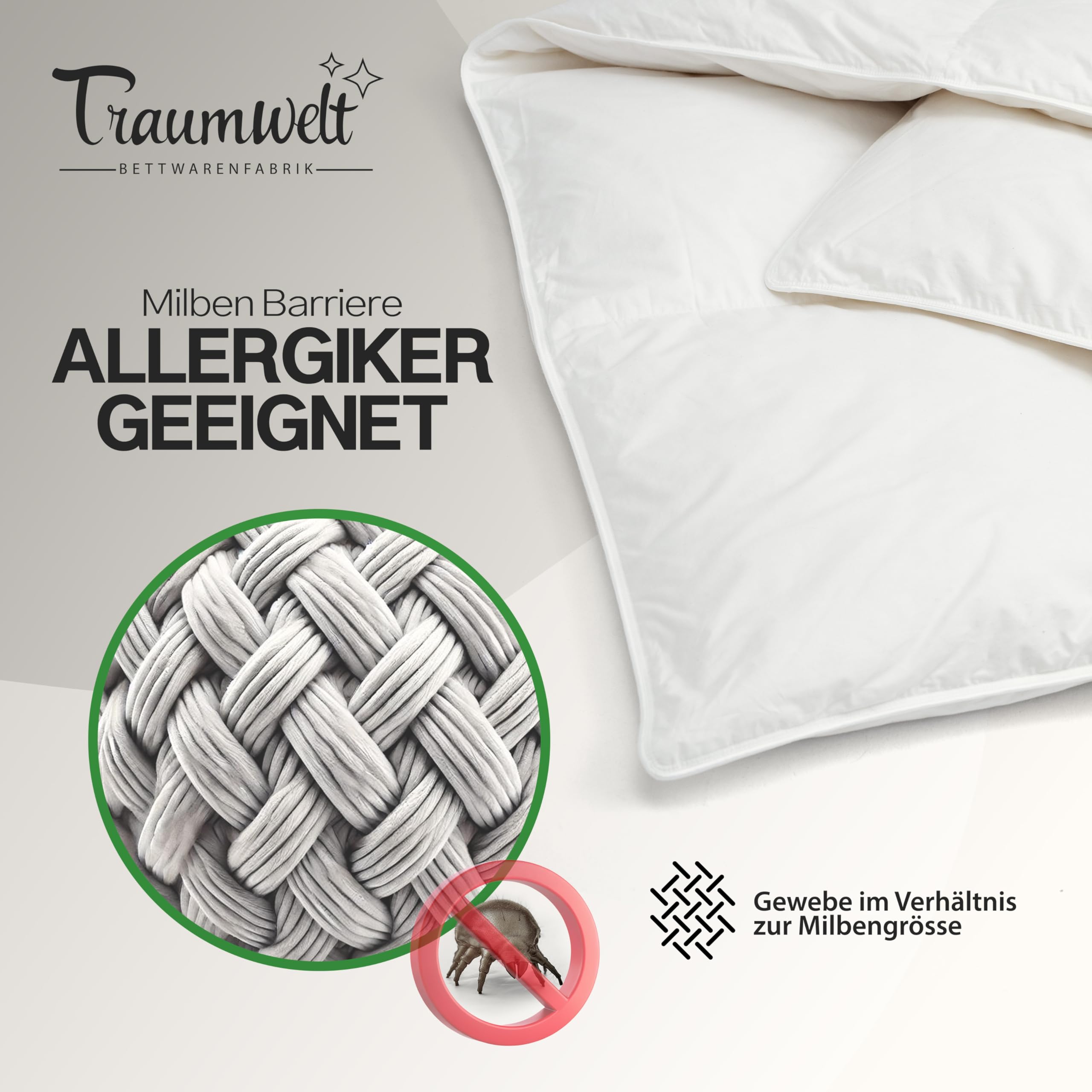 Taumwelt Natur Made in Germany Bettdecke 240x220 cm, Daunenalternative mit Primaloft Bio Mikrofasern-Füllung, für alle Jahreszeiten, Füllgewicht: 1220g, weiß, Allergiker geeignet, Öko-Tex 100