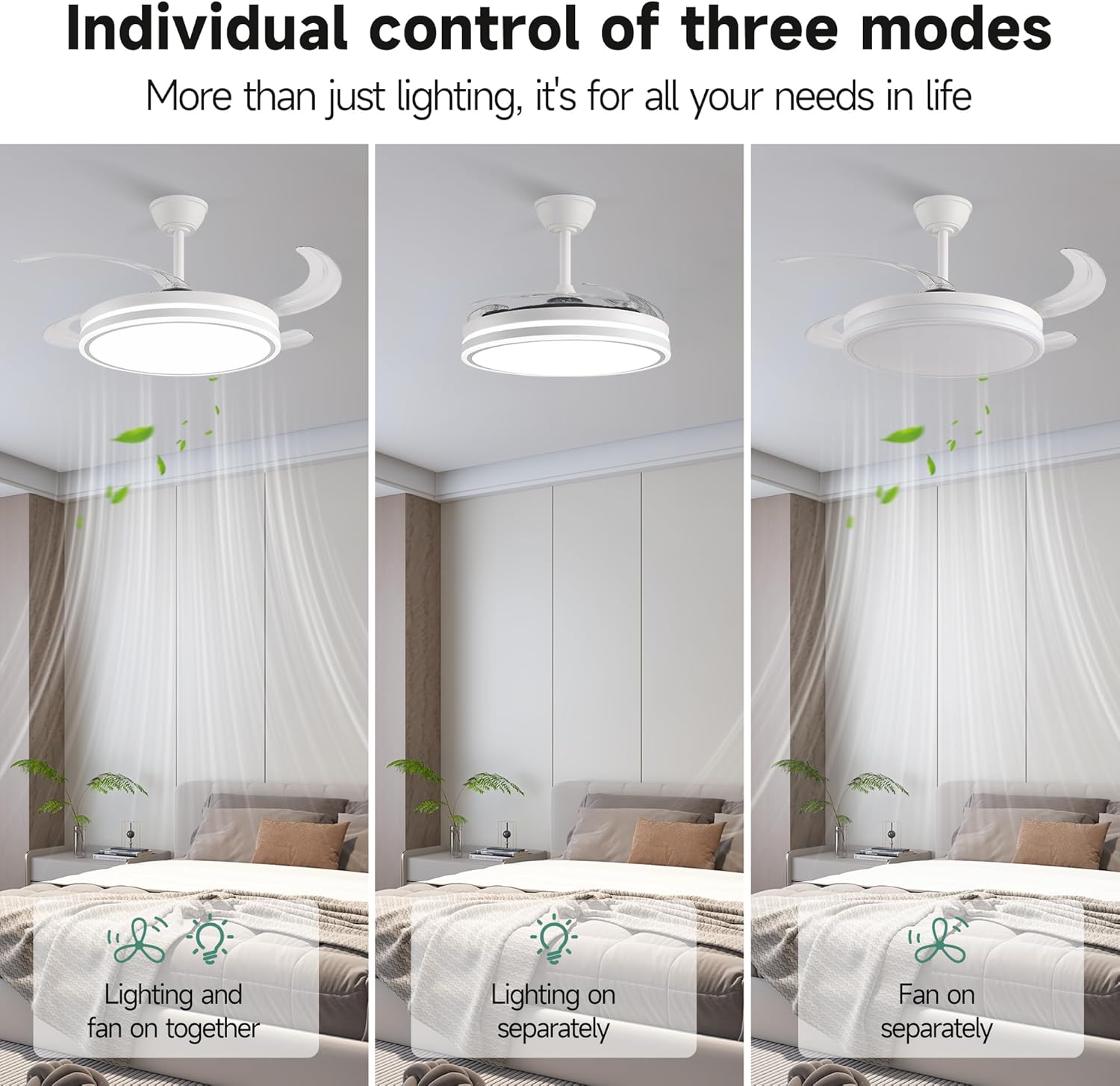 Retractable Ceiling Fans with Lights and Remote, 42 Inch White Chandelier LED Fan, 20W Energy Saving,Memory Function,Timer Setting,Ultra Quiet Invisible Blades Fan for Kitchen, Bedroom