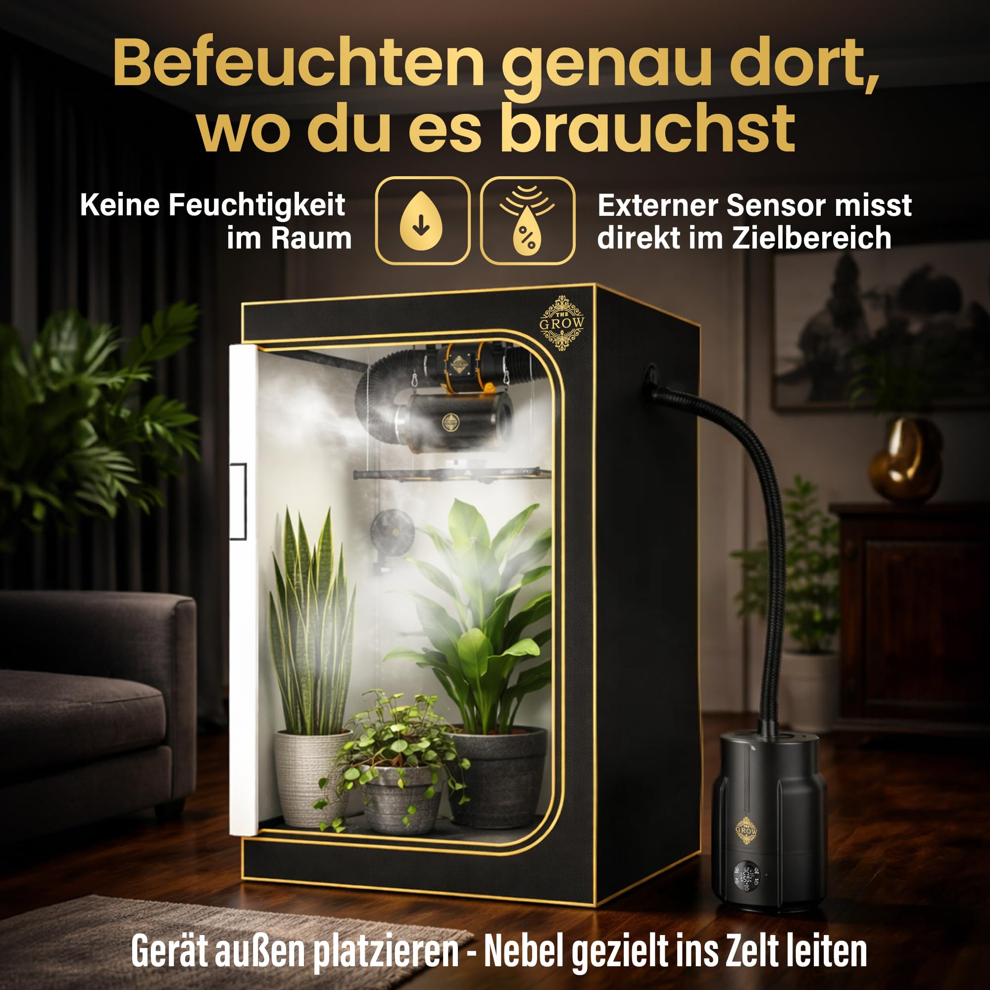 Nebel PRO Luftbefeuchter 6L für Growzelt und Growbox, Ultraschall-Luftbefeuchter mit Hygrostat 35–95%, 4 Nebelstufen, bis 450 ml/h, externer Sensor, Timer, Fernbedienung, Schlauch