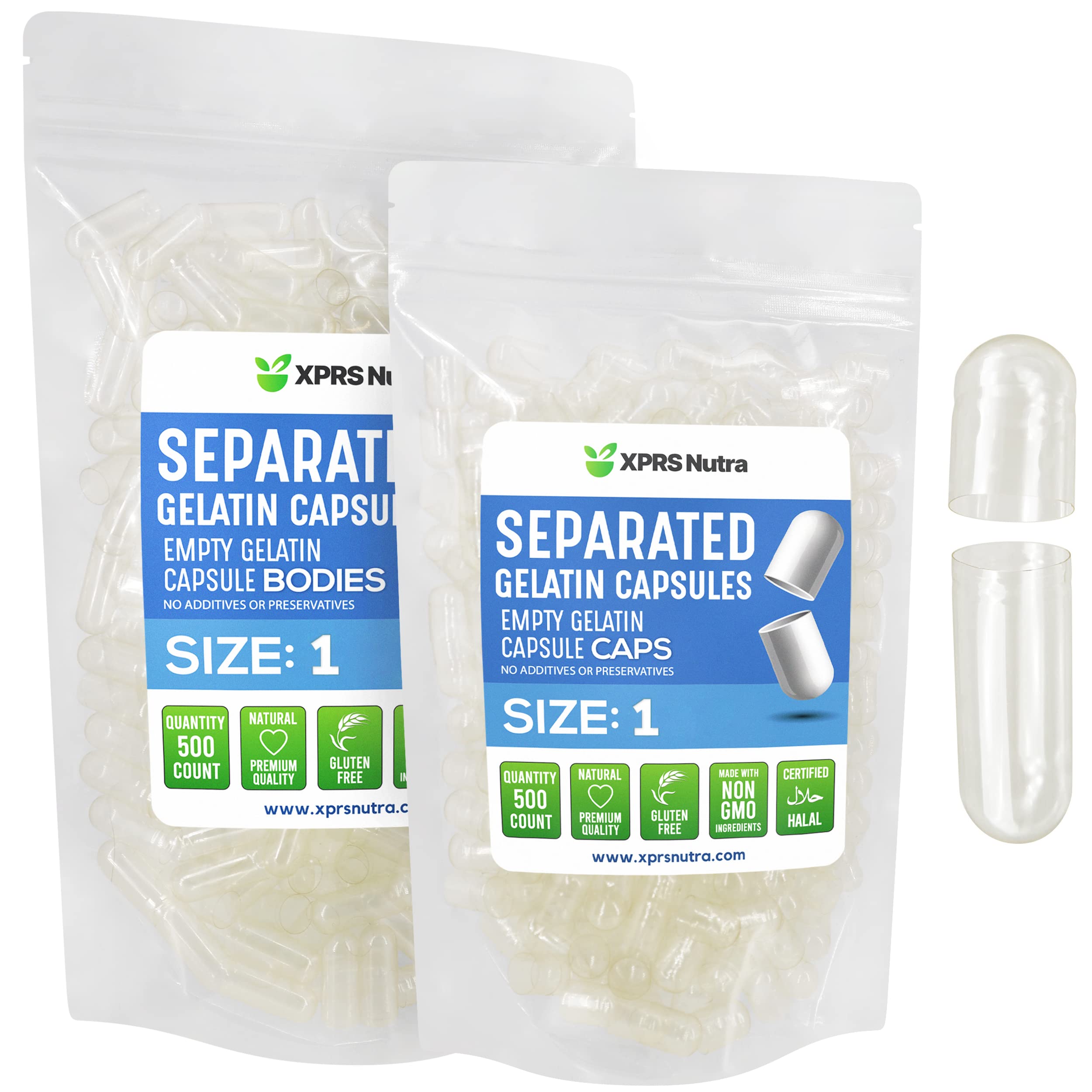 XPRS Nutra Size 1 Gelatin Separated Capsules - 500 Count Empty Pill Capsules Separated in Bags - Clear Empty Pills for Do-It-Yourself DIY Supplement Filling 500 Count (Pack of 1) Clear