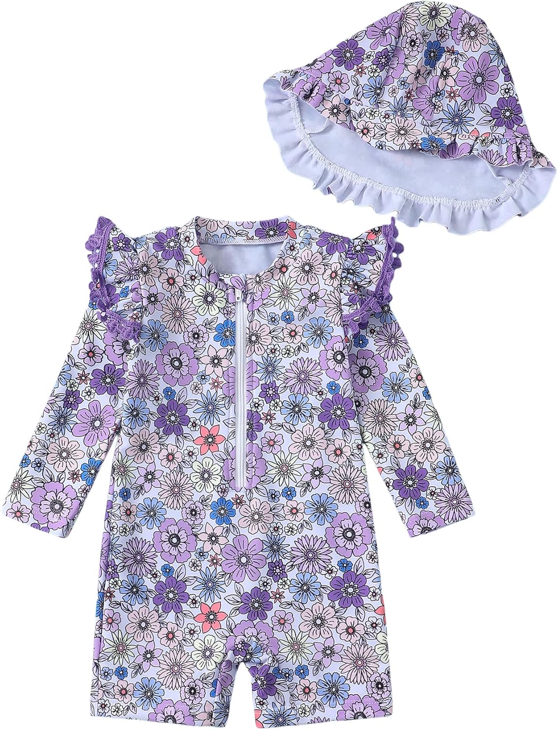 Toddler Girl Swimsuit Baby Girl Bathing Suit Long Sleeve Floral Zipper One-Piece Rash Guard Swimsuit with Hat