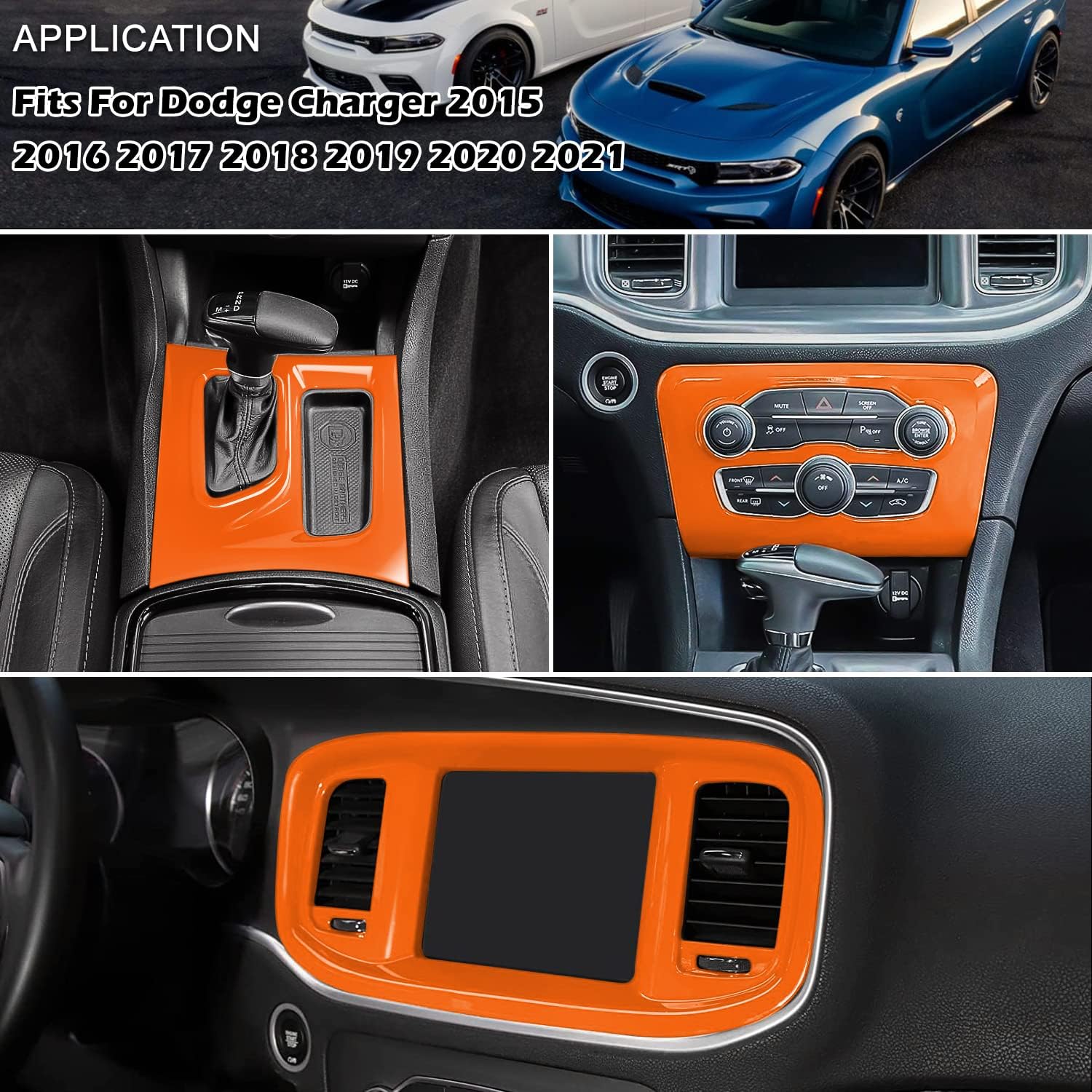 TOP оƒƒERS Orange 3PCS Interior Accessories Dashboard DVD Navigation Screen Frame Cover Trim & Central Control Air Conditioning A/C Panel Cover tirm & Gear Shift Panel Trim for Dodge Charger 2015-2021