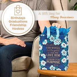 Christian Art Gifts Gift Bag/Tissue Paper Set In All Things God Works For Good Romans 8:28 Bible Verse, Blue/Teal, Medium