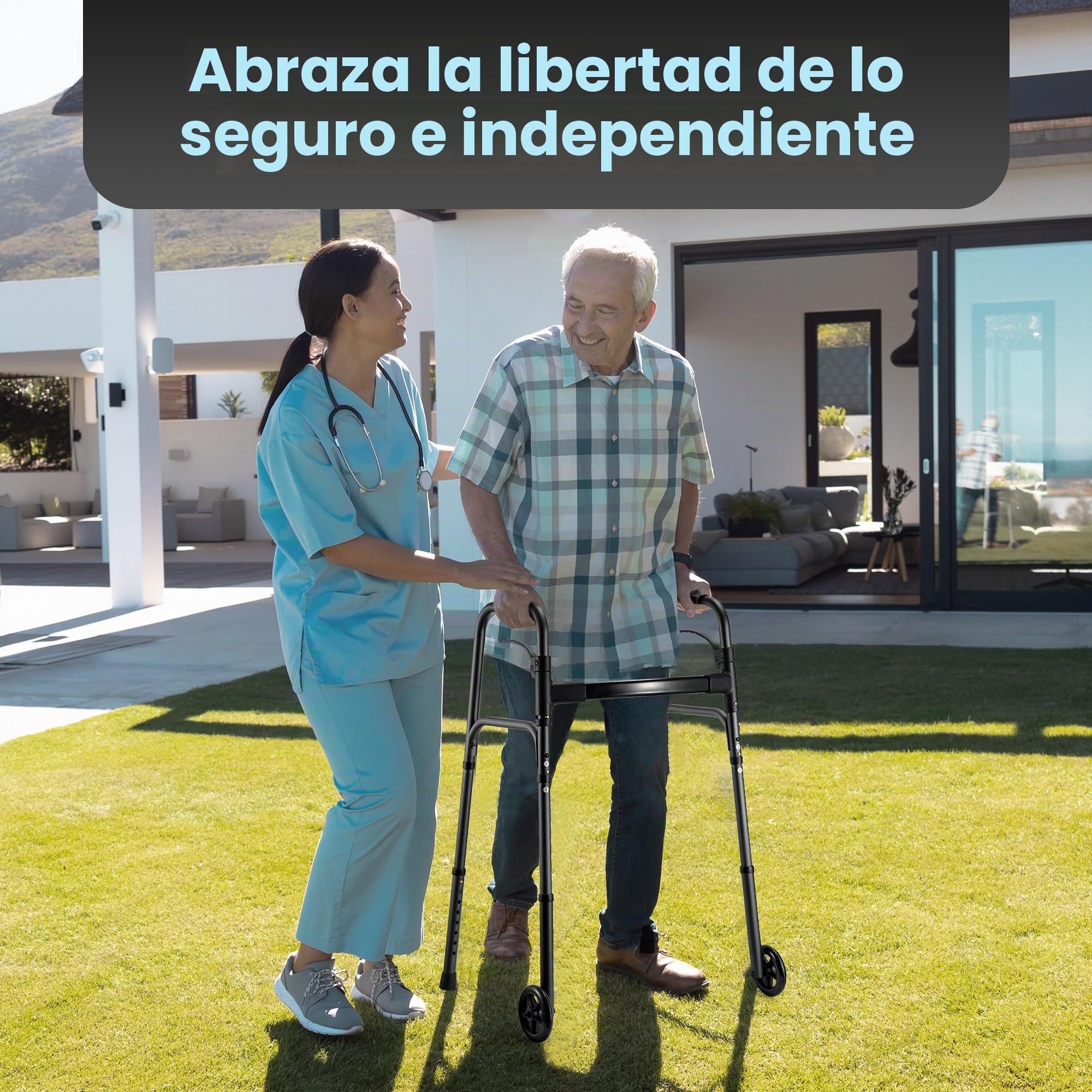 Careboda Andador para personas mayores, marco médico plegable y portátil con ruedas fijas de 12,7 cm, altura ajustable y función de disparador, ideal para adultos