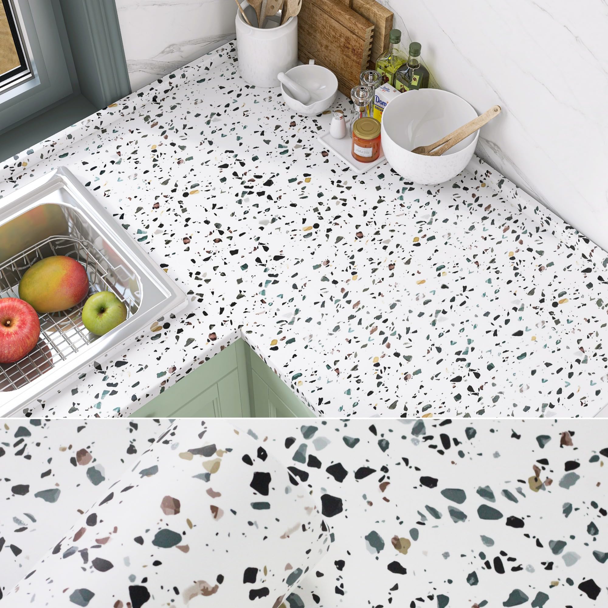 White Matt Terrazzo Effect Worktop Vinyl Covering Sticky Back Plastic Roll, Thick Heat Resistant Contact Paper Self Adhesive Vinyl Wrap for Kitchen Worktop, Self Adhesive Wallpaper Furniture Stickers