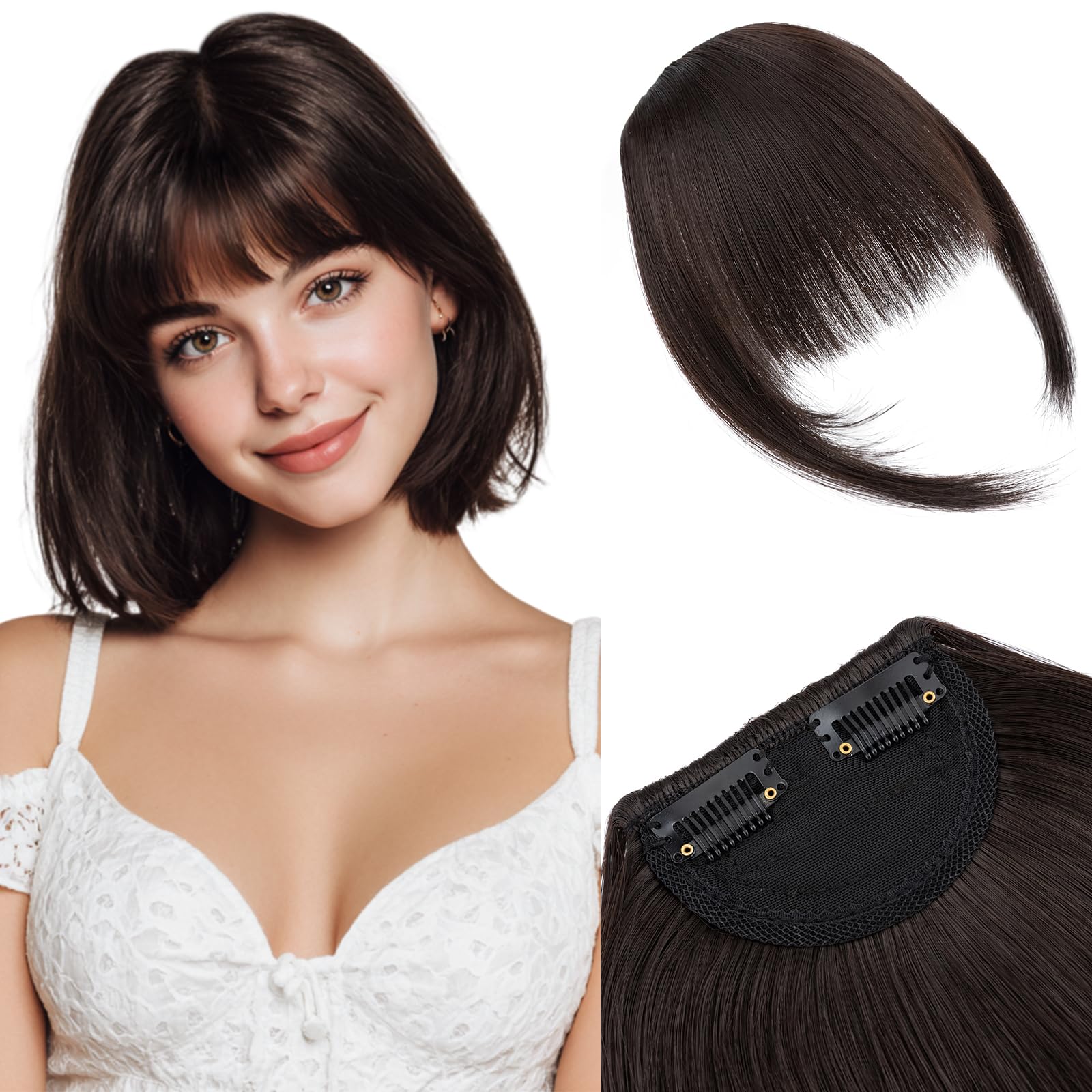 Silk-co Frange à Clip, Bangs Neat Une Extension de Cheveux à Clipser avec Temples Mini Frange de Cheveux Mode pour Femme à Porter au Quotidien 21.5g - Aspect naturel avec branches Noir Naturel