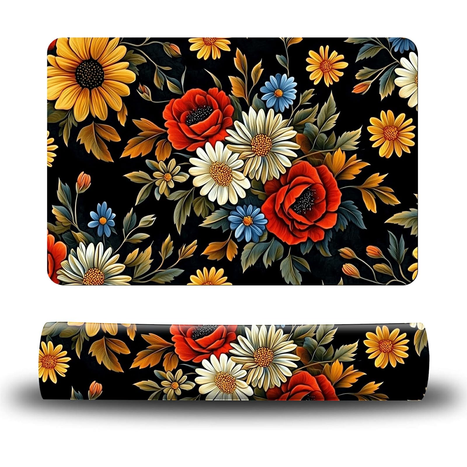 Dikoer Dog Food Mat, 19.6" x 23.6" Absorbent Pet Feeding Mat for Food and Water, Waterproof Diatom Mud Pet Placemat with Non-Slip Rubber Backing, Easy Clean Cat Bowl Mat for Floors - Black Flowers