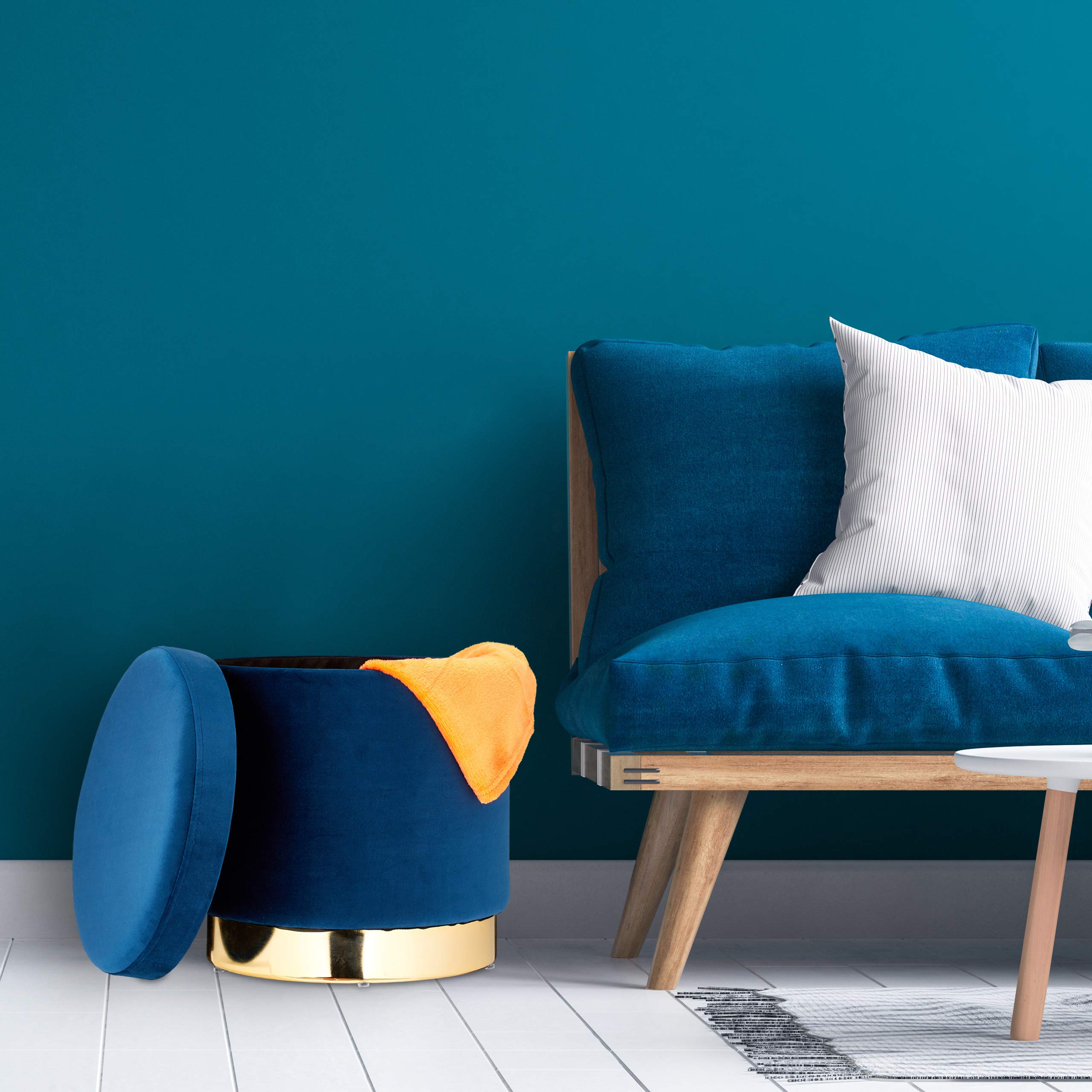 Relaxdays Sgabello in Velluto, Rotondo, Elegante Poggiapiedi Imbottito, Base Dorata, Pouf Moderno, H x D: 41,5 x 37, Blu