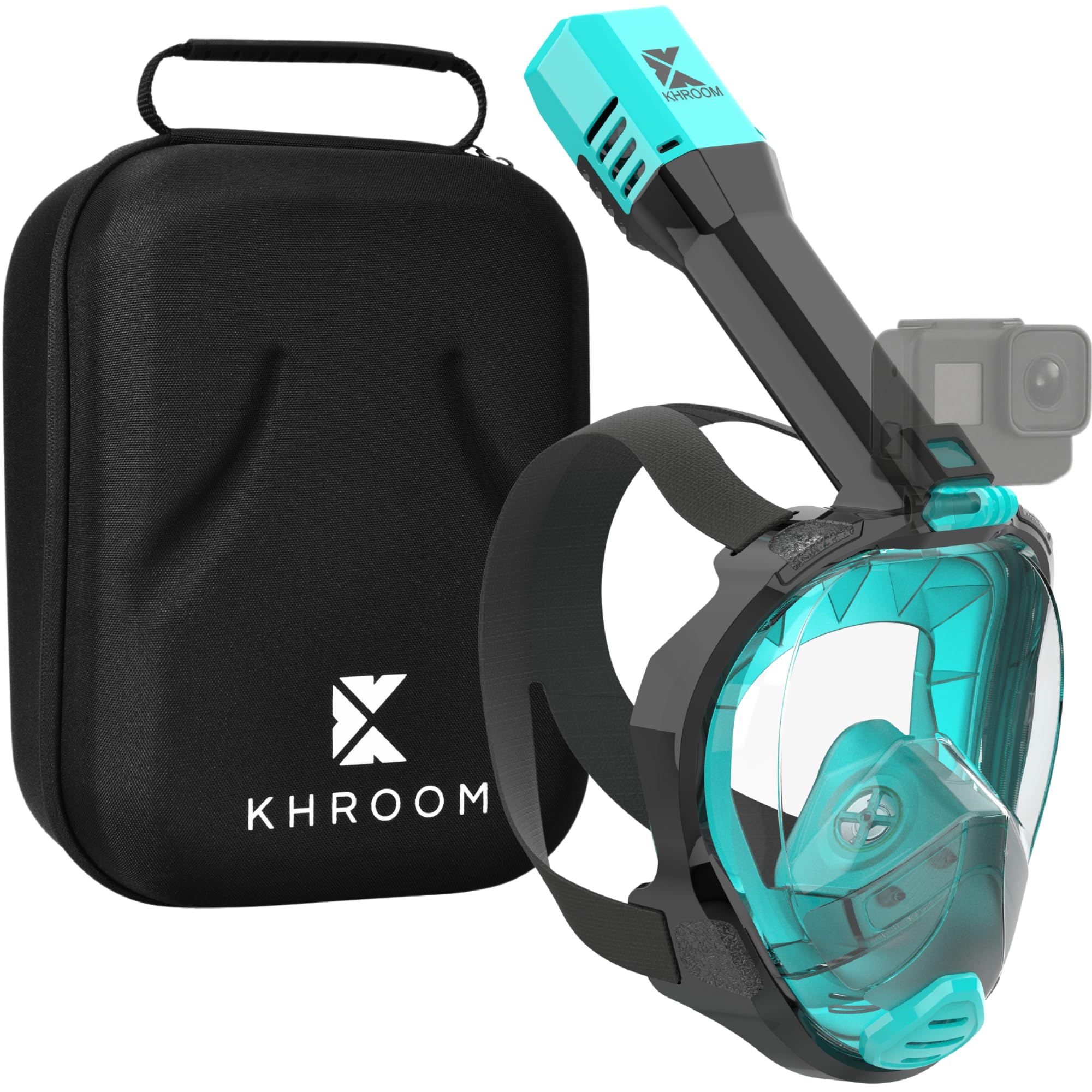 KHROOM® Seaview Pro Full Face Snorkel Mask Adult, As Seen on Shark Tank – CO2-Safe to EN 136 – Action Cam Mount Included – Diving & Full Face Mask (S/M, Turquoise | Carrying Case)