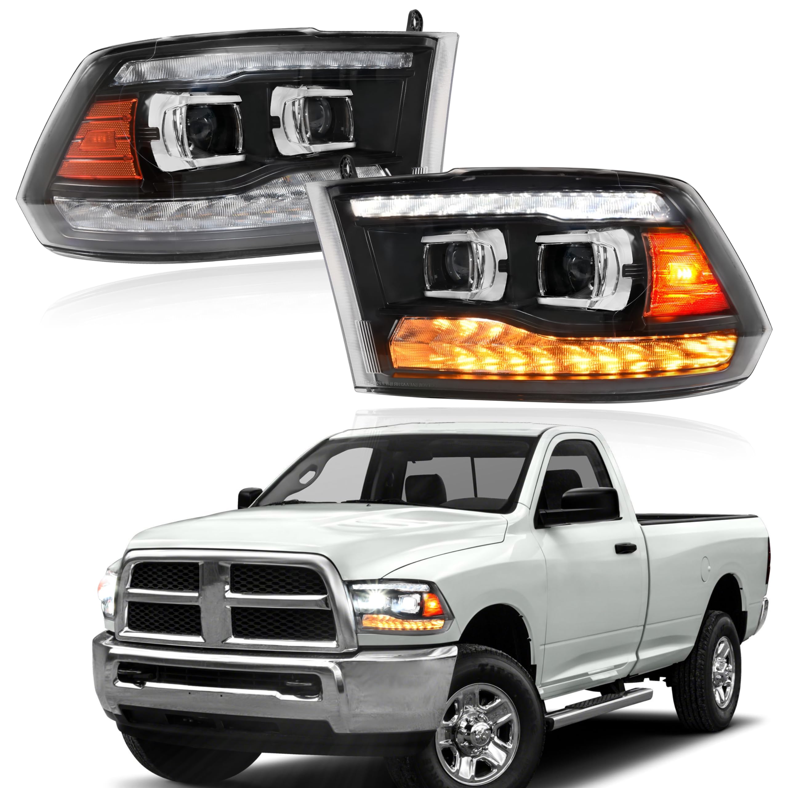 Photo 1 of POKIAUTO Ful LED Headlights for Dodge Ram 1500 09-18, Dual Projector DRL Start Up Animoation Sequential Turn Signal Head Lamps With LED Bulbs for Dodge Ram 1500 2500 3500 2009-2018 Accessories (2PCS)