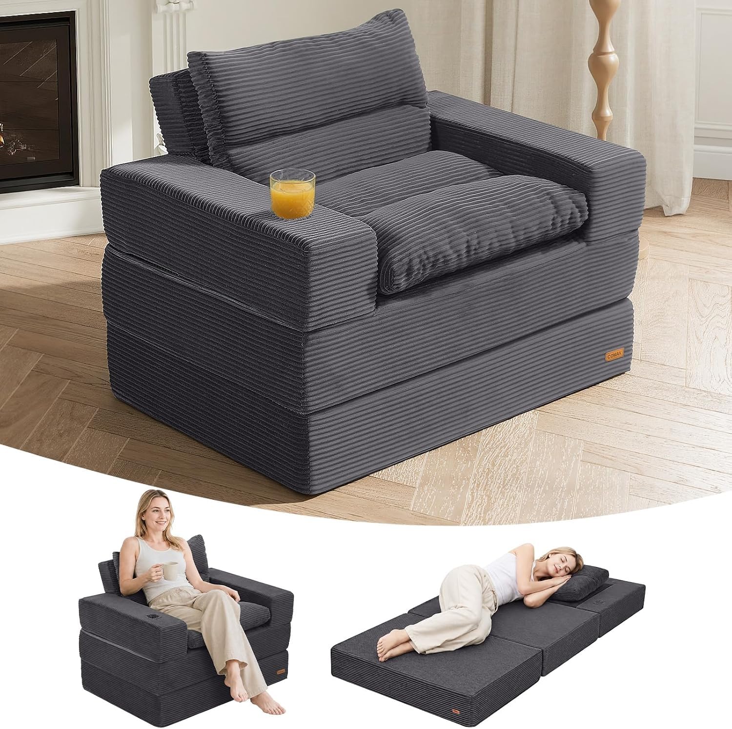 MeMoreCool Single Folding Sofa Bed, Convertible Foam Floor Chair, Grey