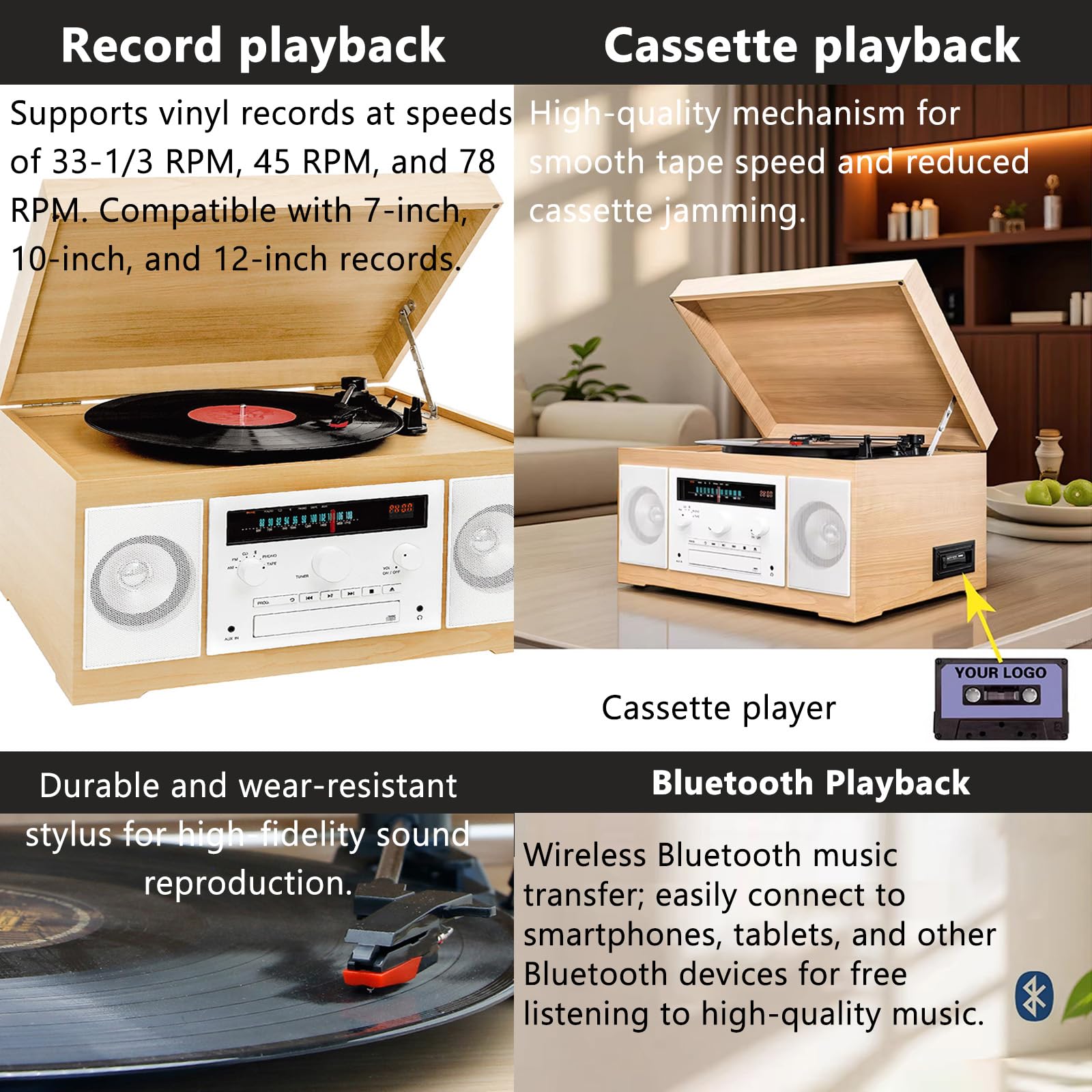 Lettore audio multifunzionale con Bluetooth, CD, cassetta, radio AM/FM e supporto per cuffie, per musica, notizie e intrattenimento