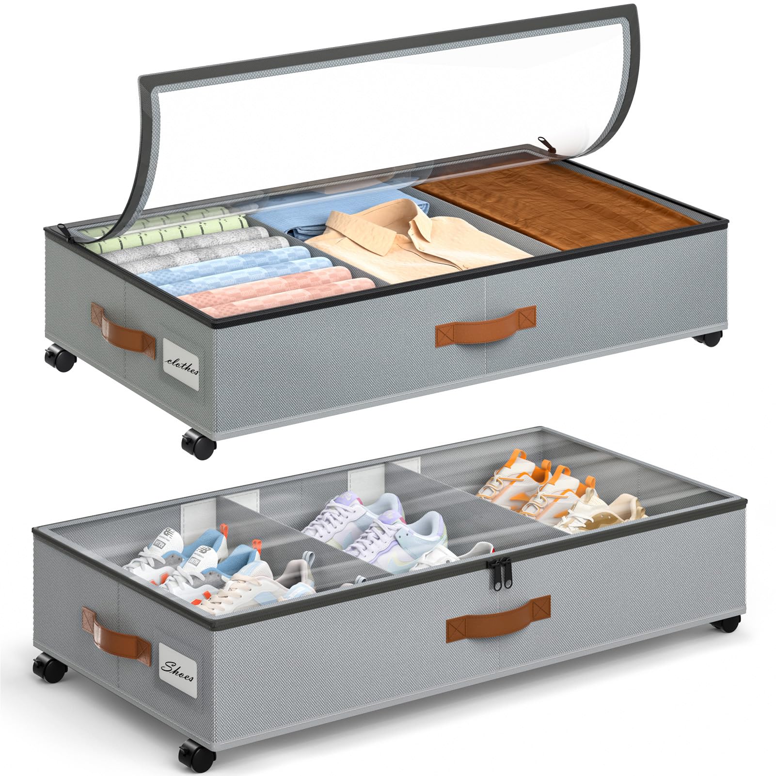 Yecaye Under Bed Storage with Wheels, 2Pack Under Bed Storage Containers, Under Bed Shoe Storage with Dividers & Clear Window, Rolling Underbed Storage Bins, Under Bed Drawers for Clothes, Shoes, Toys