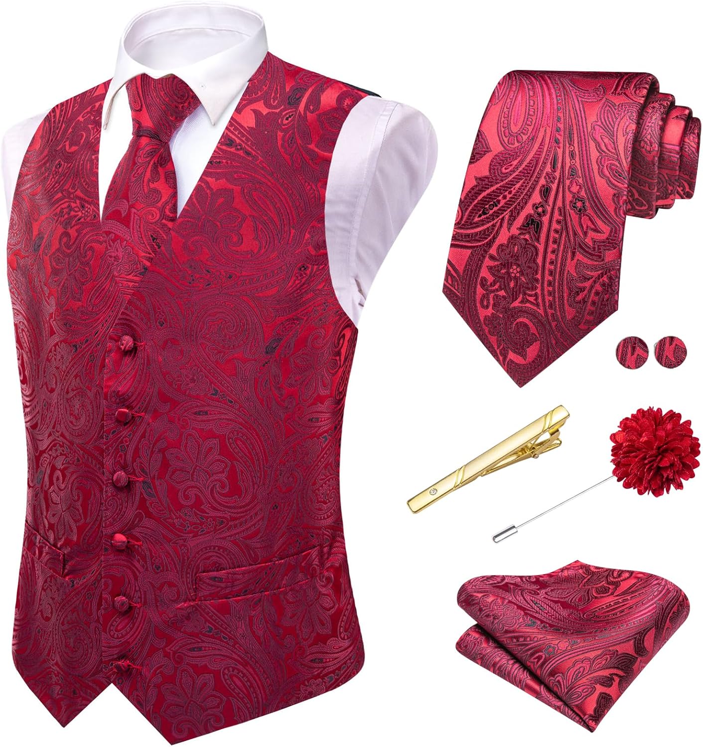 Hi-Tie Mens Silk Vest Set 6 PCS Dress Vest and Tie Pocket Square Lapel Pin for Work Wedding Business