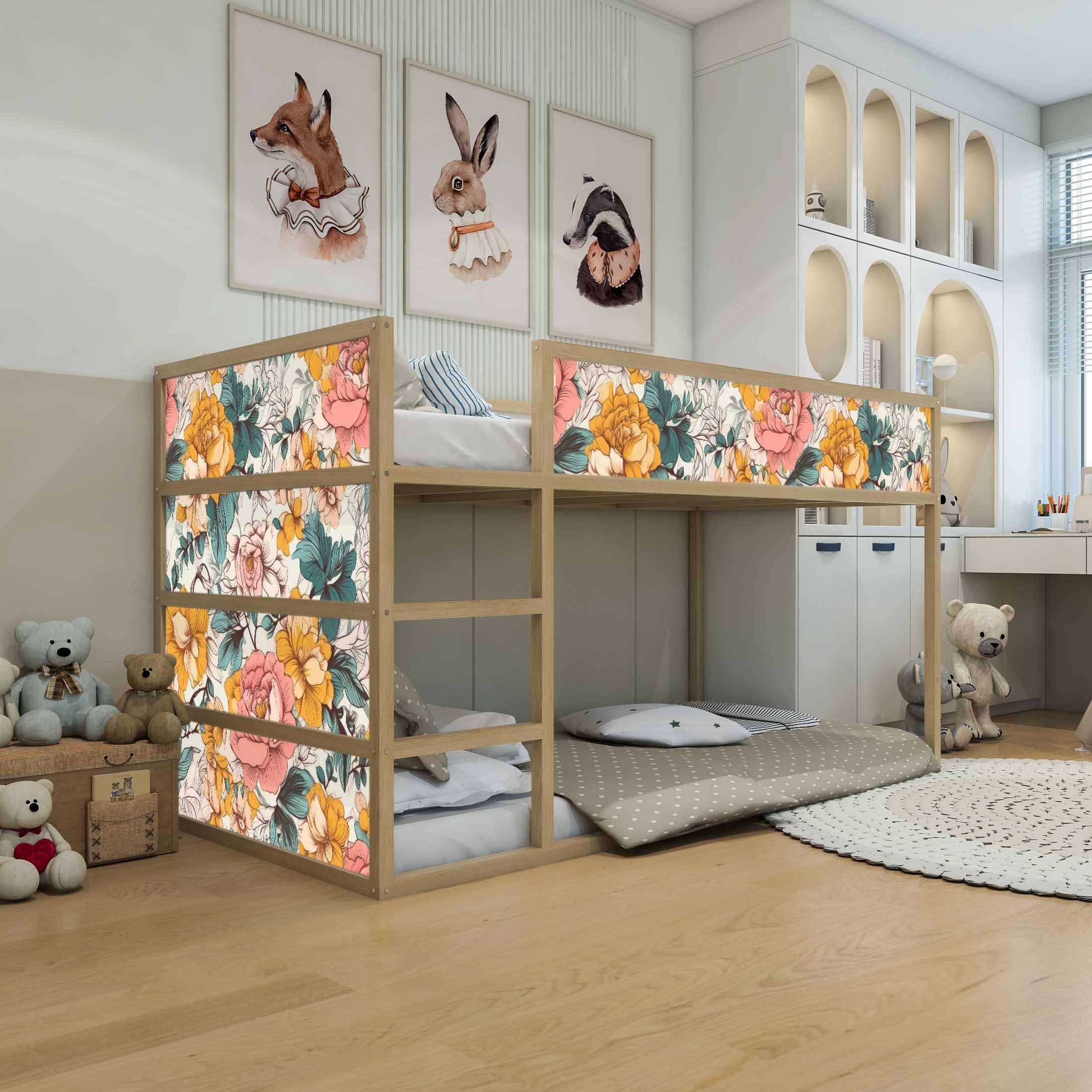 WANDKIND Aufkleber für IKEA KURA Kinderbett Hochbett Klebefolie Möbelfolie Sticker Kinderzimmer Blumen (Möbel nicht inklusive) IKB507 (5 Sticker Set)