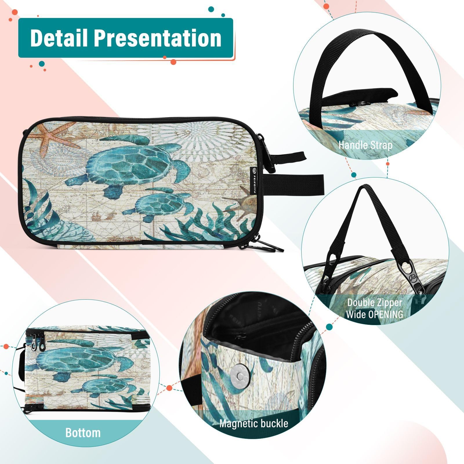 senya Vintage Ocean Sea Turtle Starfish Map Toiletry Bag Cosmetic Makeup Bag Organizer, Large Travel Bag for Women Men Toiletries Accessories Brushes Tools