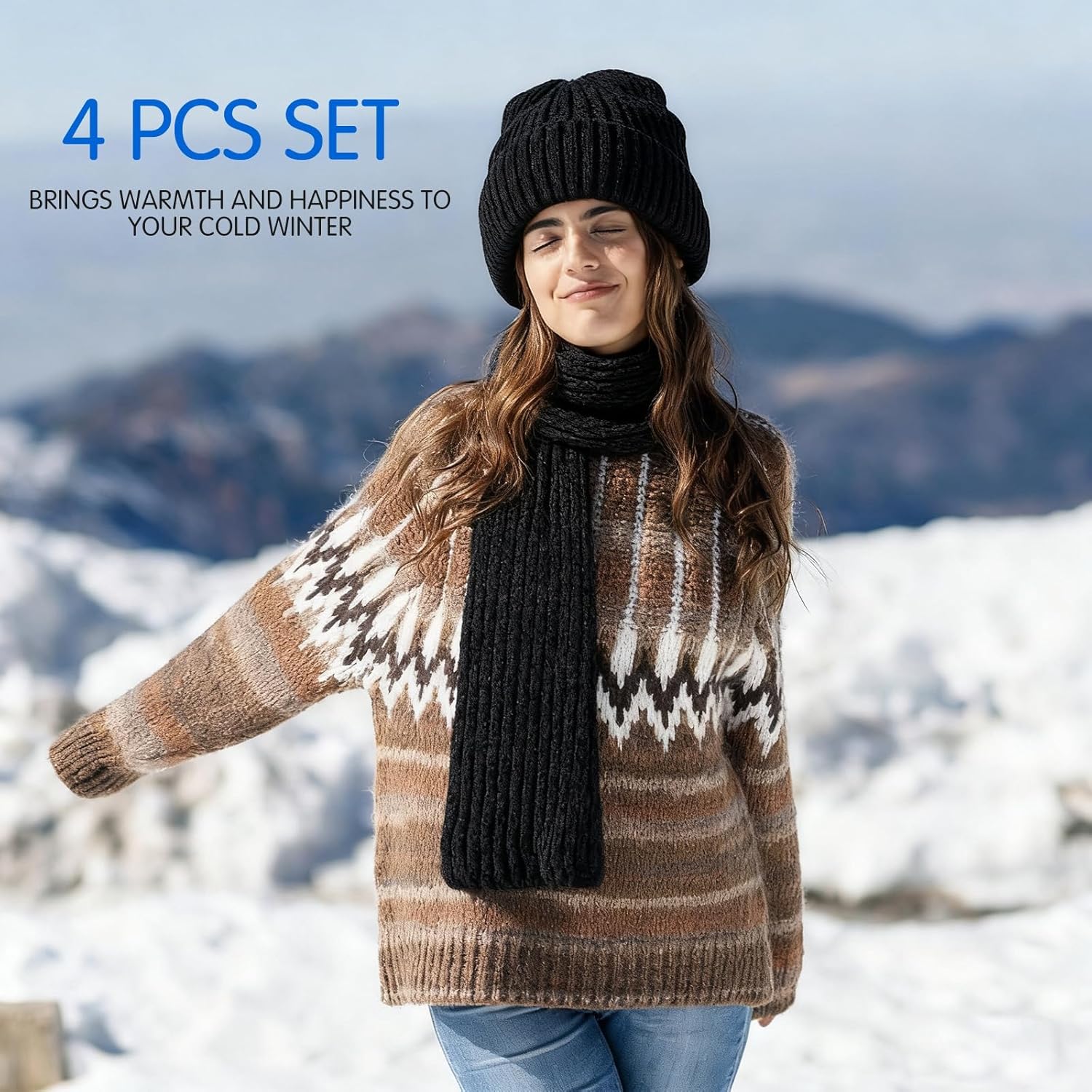 4 Pcs Winter Hat Scarf Gloves Headband Set Knit Beanie Touch Screen Gloves Long Scarf Valentine Gift for Women Men - Image 4