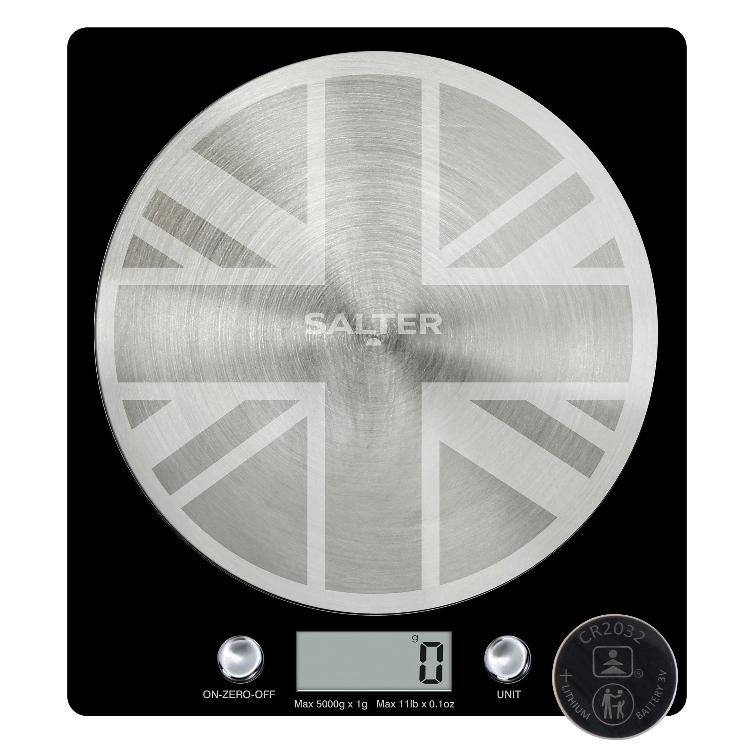 1036 UJBKDR Electronic Kitchen Scale - Digital Weigh Scale, Union Jack Design Spun Stainless Steel Disc Platform, LCD Display, 5kg Capacity, Battery Included, Add & Weigh/Tare, Measure Liquids