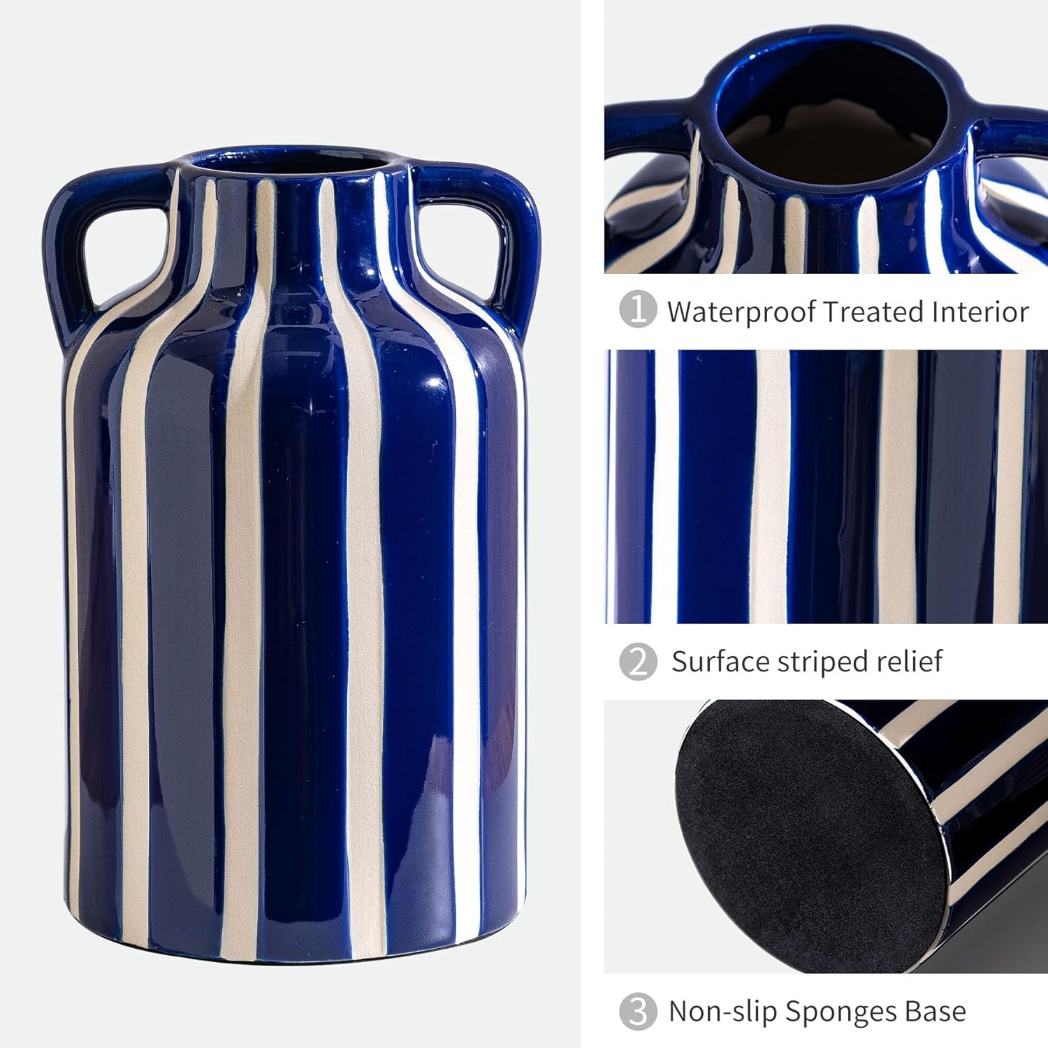 Mother’s Day Ceramic Blue & White Checkered Stripe Vase with Handles 9.1”, Modern Boho Navy Floral Centerpiece Vase, Cottage Core Decor for Mantle, Bedroom