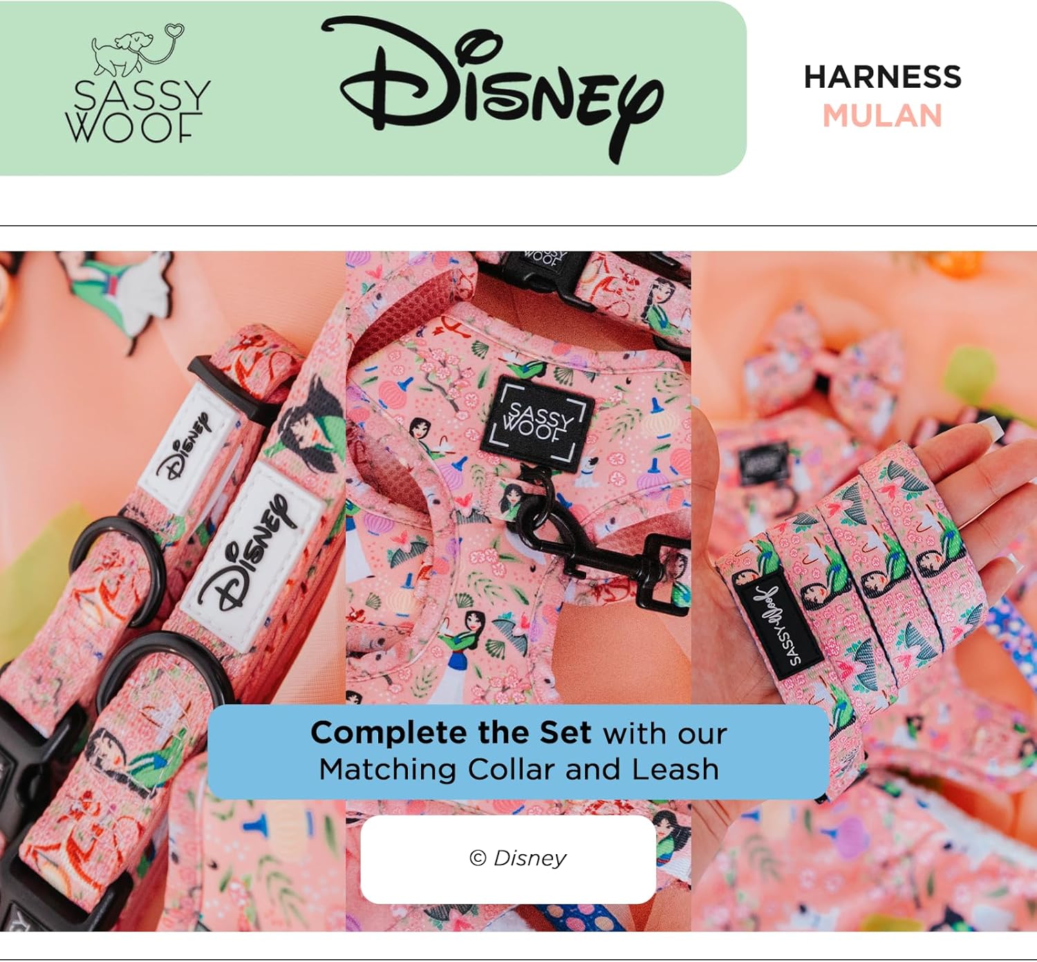 Sassy Woof Dog Adjustable Harness - Disney Princess Mulan - M, Breathable Mesh, No Pull Design with Two D-Rings, Perfect for Medium Dogs - Officially Licensed