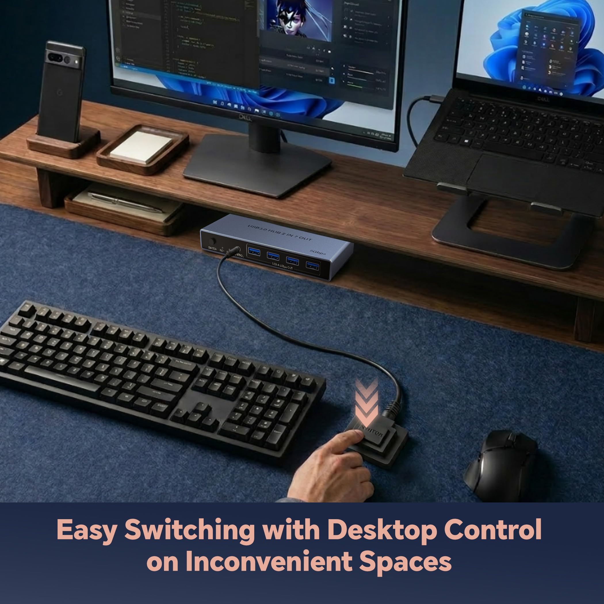 USB 3.0 Switch 2 in 7 Out, USB Switcher für 2 Computer Share 4 USB-A + 3 USB-C Geräte - 5Gbps USB Switch Hub für Laptop Tastatur Maus Drucker mit Controller, USB C Stecker Adapter, Netzteil