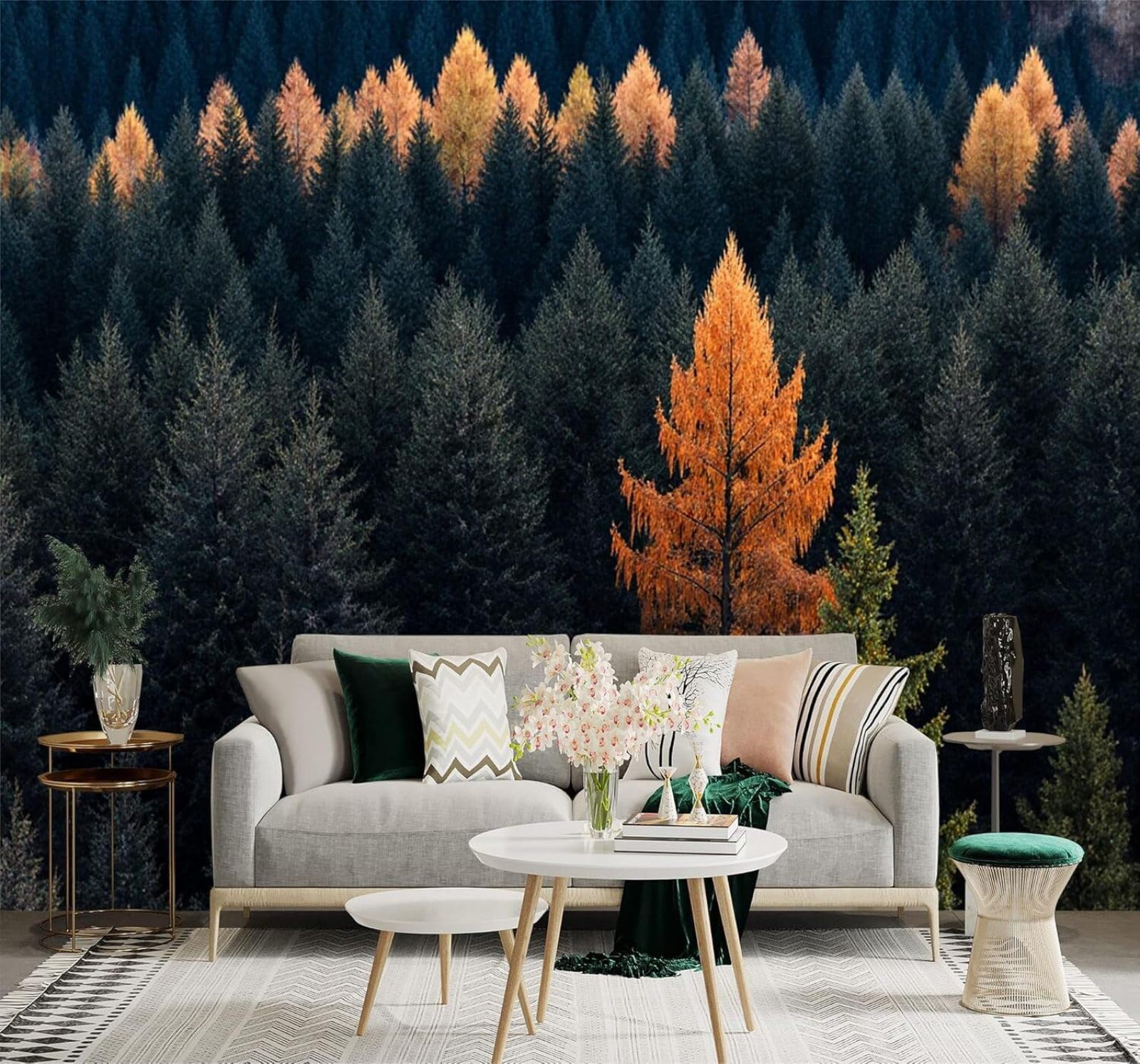 Papier peint 3D intissé effet soie XLMING forêt d'automne verte et orange 300x210 cm