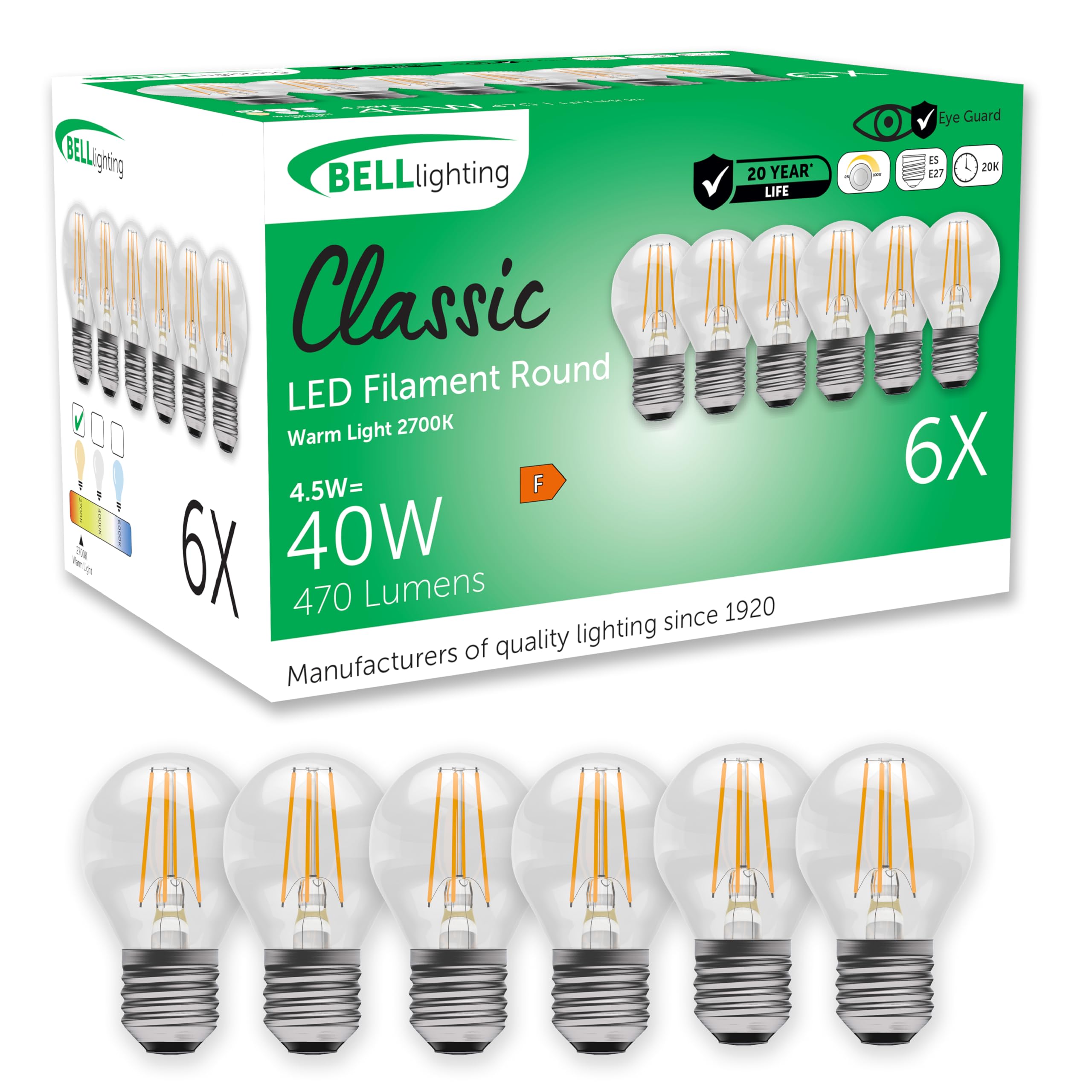 BELL Lighting E27 Dimmable LED Filament Golf Ball Bulbs Warm White 6 Pack