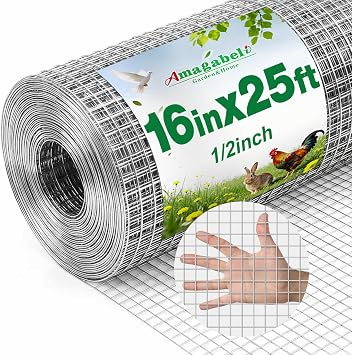 Amagabeli Hardware Cloth 1/2 inch 16in x 25ft 19 Gauge Extra Thick, Hot-dip Galvanized After Welding Chicken Wire Mesh Roll Garden Plant Welded Metal Wire Fencing Roll, Rabbit Cages Snake Fence